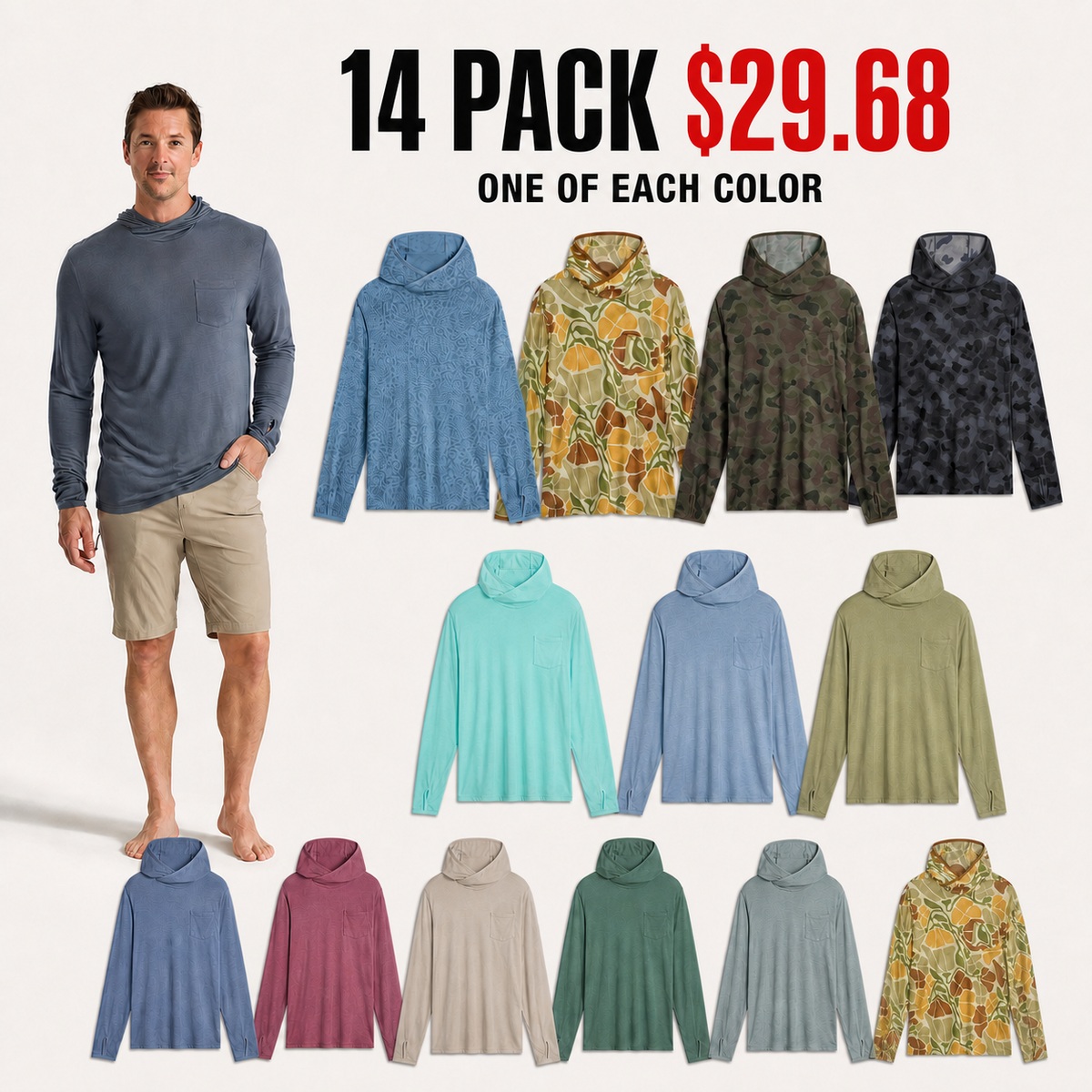 Men's Lightweight Bamboo-Blend Sun Hoodie - 14-Pack (One of Each Color)
