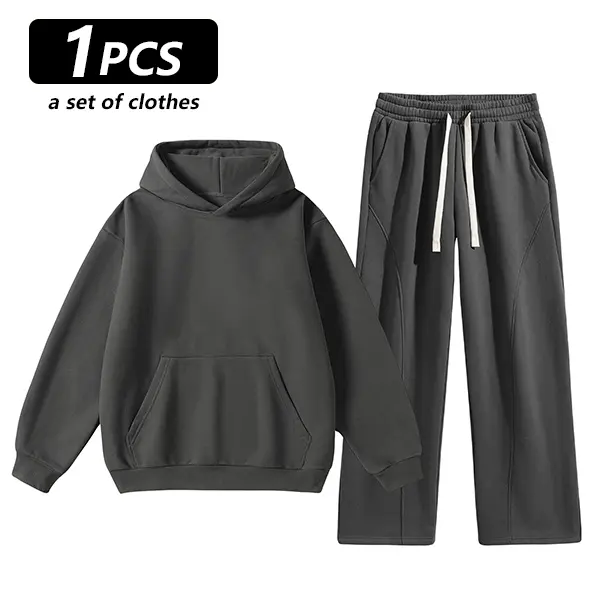 Unisex 2-Piece Pullover Hoodie & Wide-Leg Sweatpants Set - Dark gray