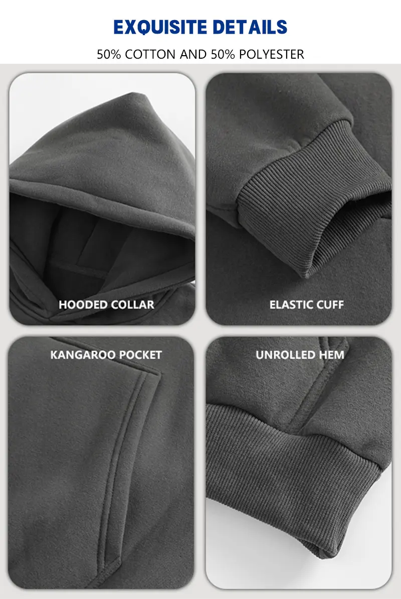 Pullover hoodie collar, cuff, pocket and hem details
