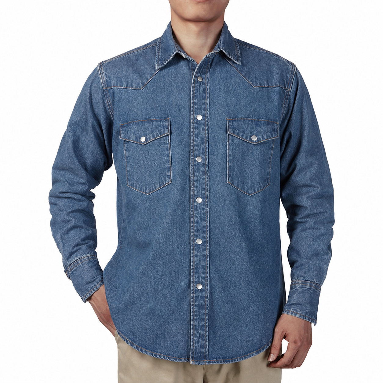 Men's Stonewashed Denim Long Sleeve Work Shirt - Front View