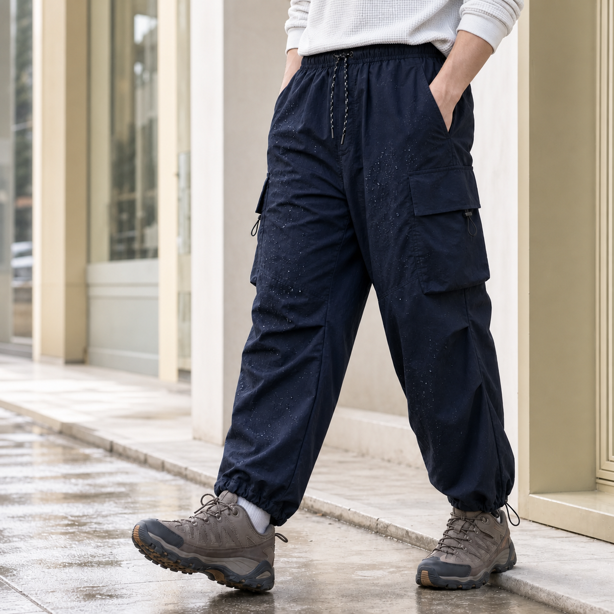 Navy cargo pants in occasional light drizzle