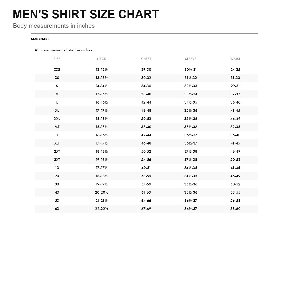 Men's Stonewashed Denim Long Sleeve Work Shirt - Size Chart