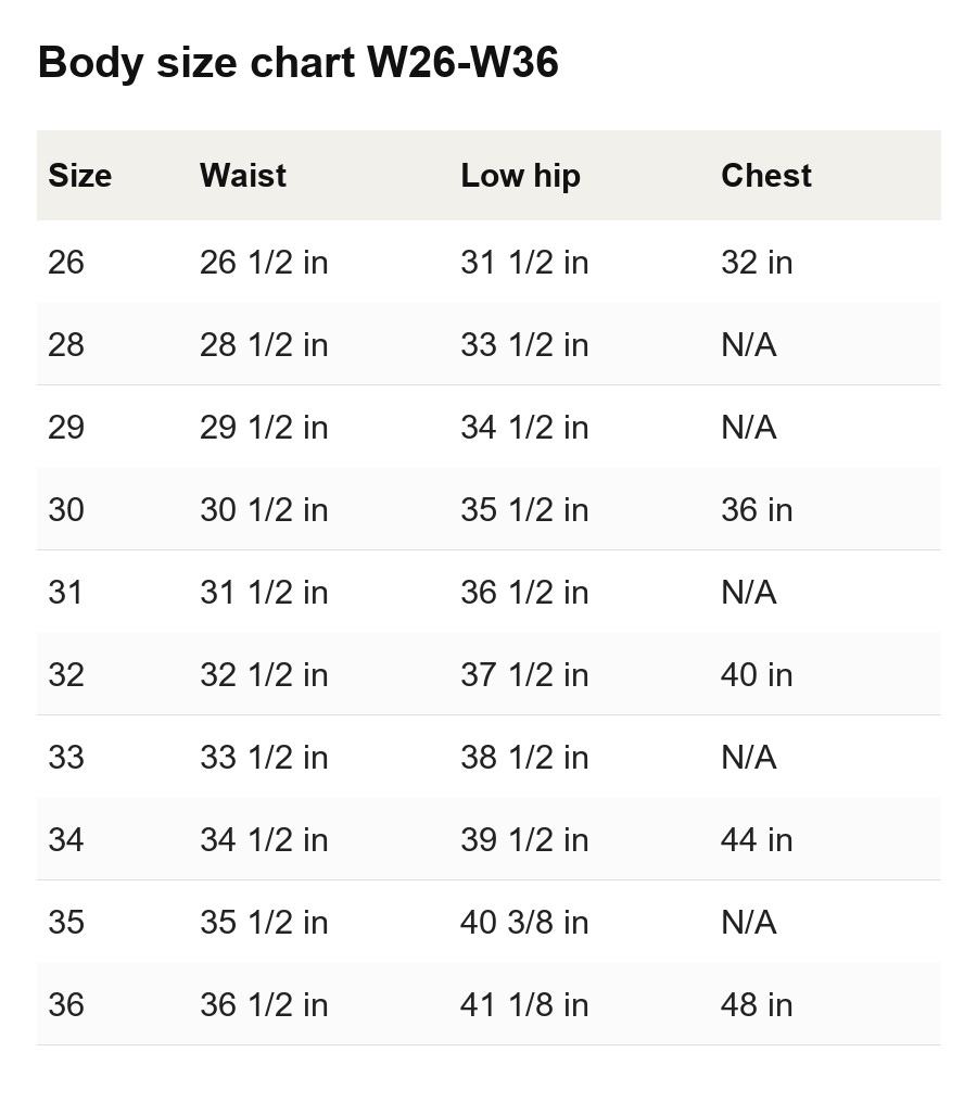 Body size chart W26-W36