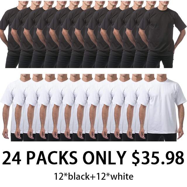 Men's Heavyweight Cotton Classic Fit Crewneck T-Shirt - Multipack - 24-Pack (12 Black + 12 White)
