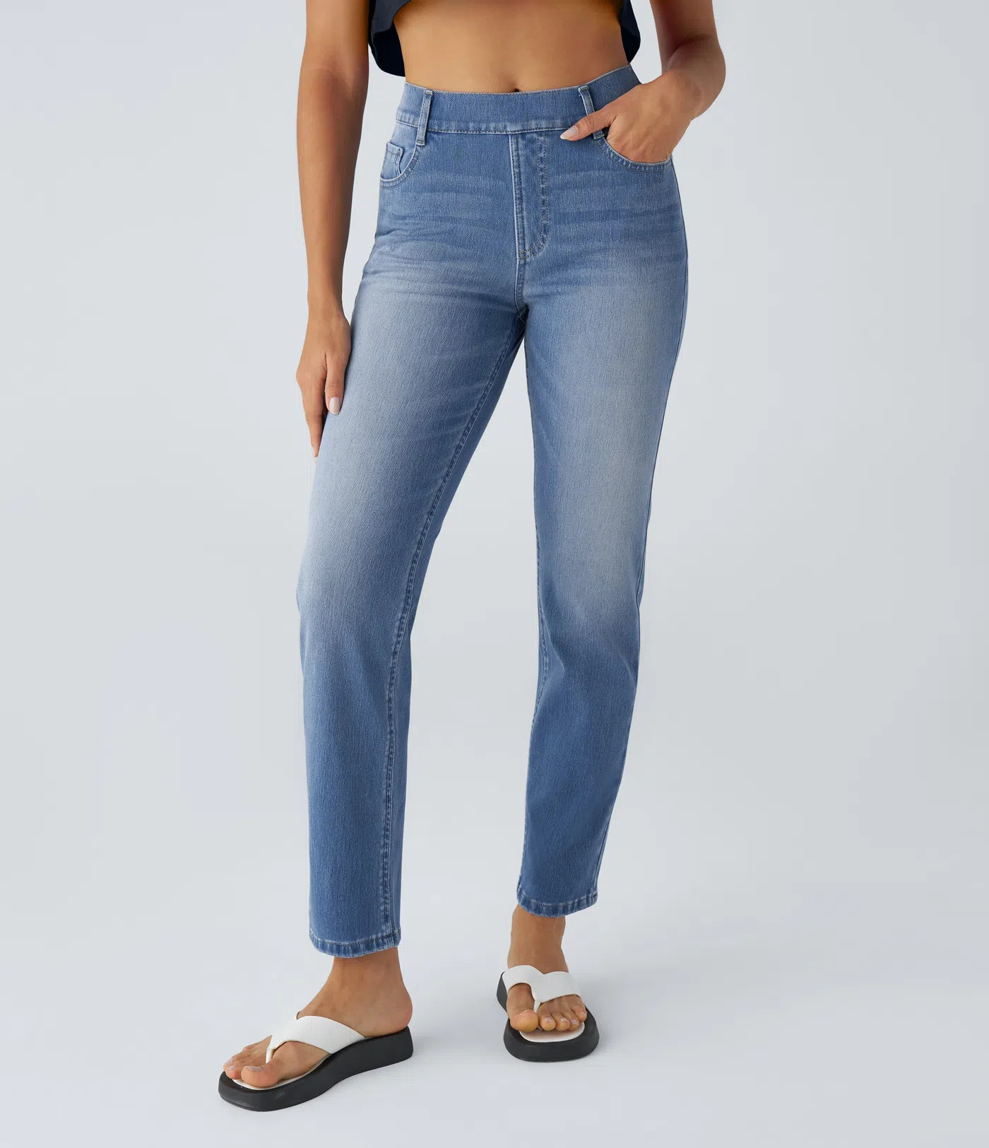 High Waisted Pockets Straight Leg Washed Casual Jeans