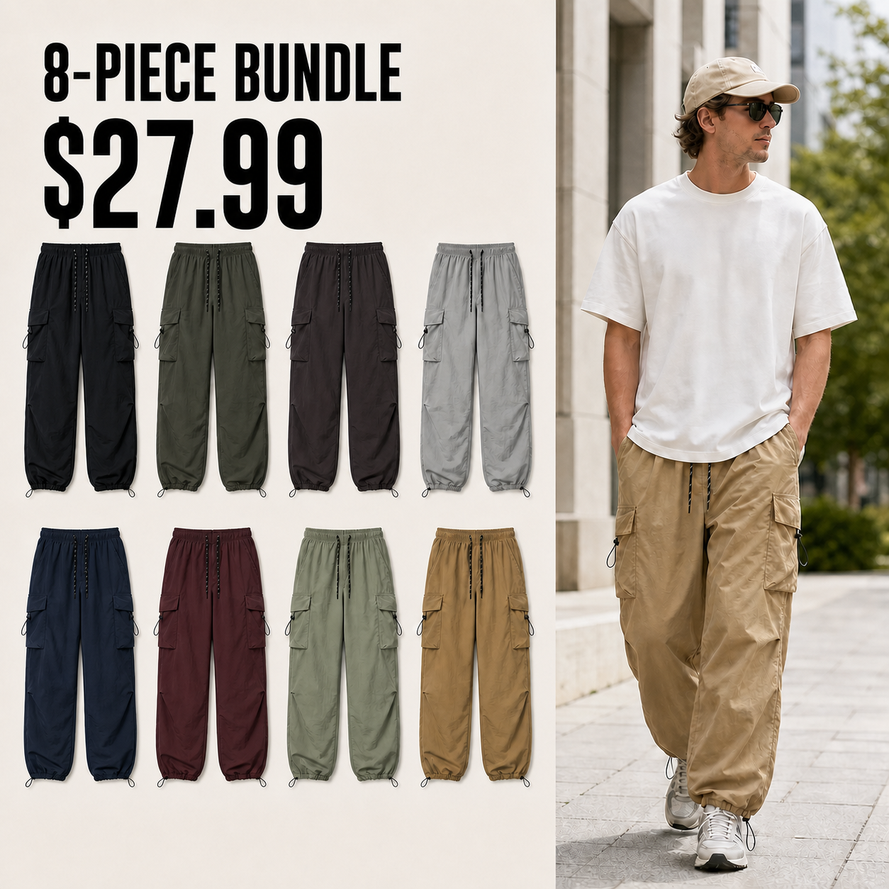 Eight-color cargo pants bundle with real on-body fit