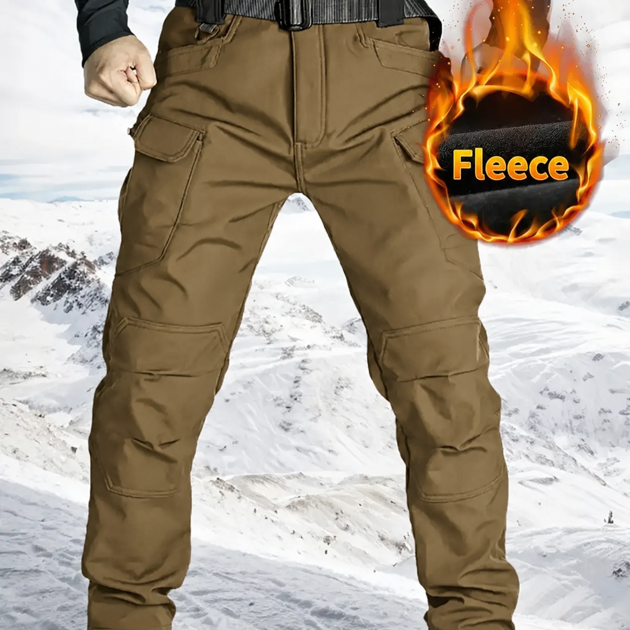Men's Fleece-Lined Outdoor Tactical Cargo Pants - Dark Khaki