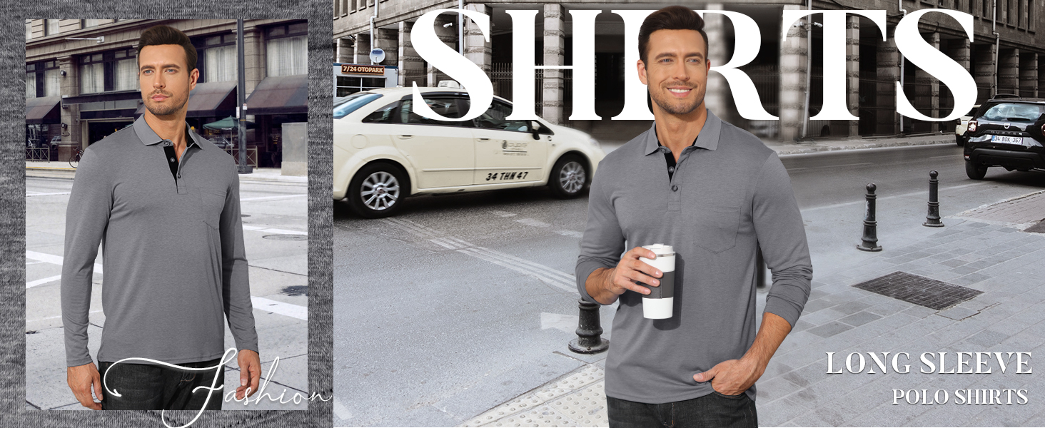 Mens Long Sleeve Polo Shirts Casual Moisture Wicking Golf Polo Shirts with Pocket