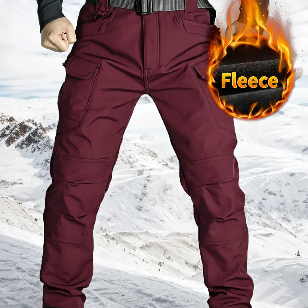 Men's Fleece-Lined Outdoor Tactical Cargo Pants - Burgundy