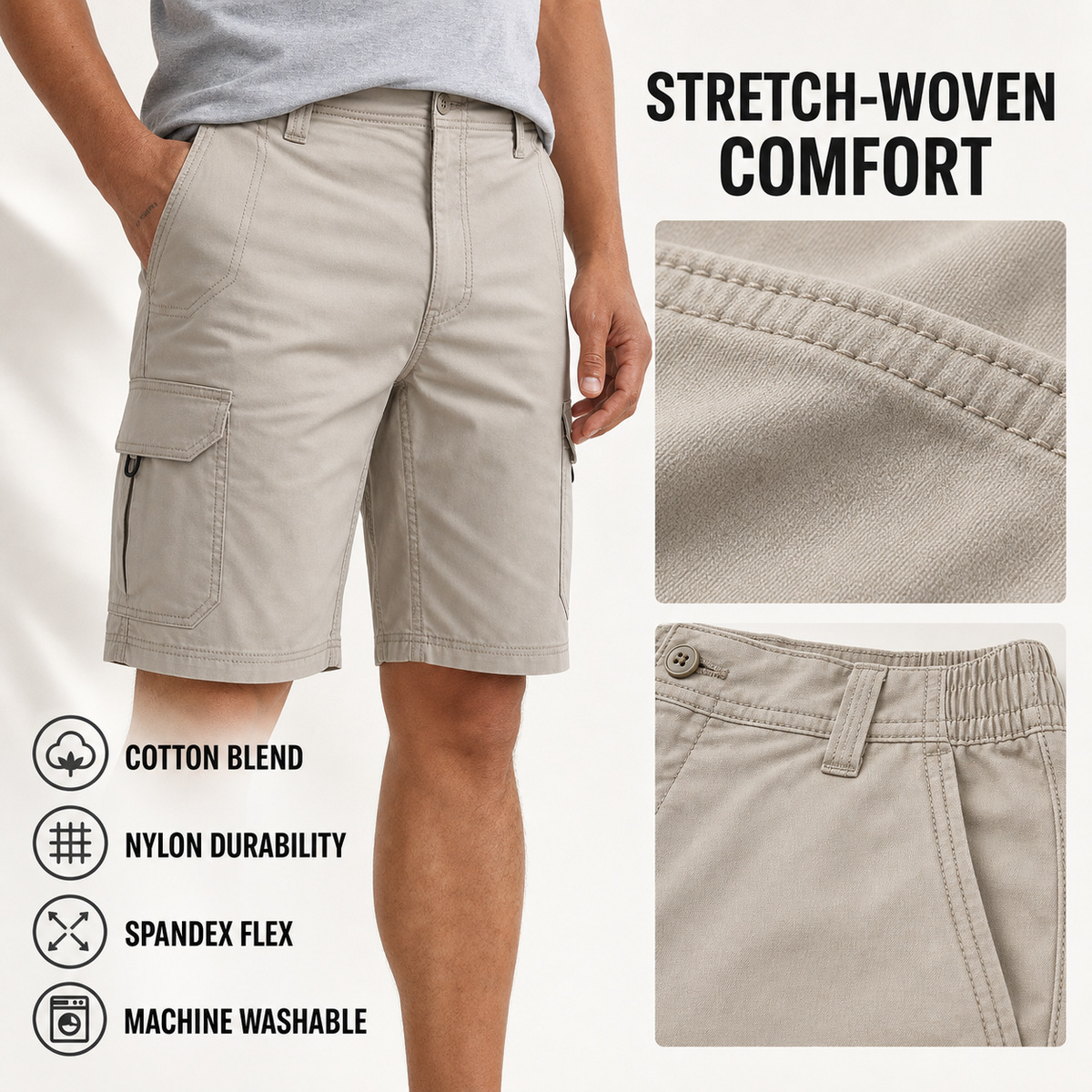 Men's stretch cargo shorts cotton nylon and spandex material details