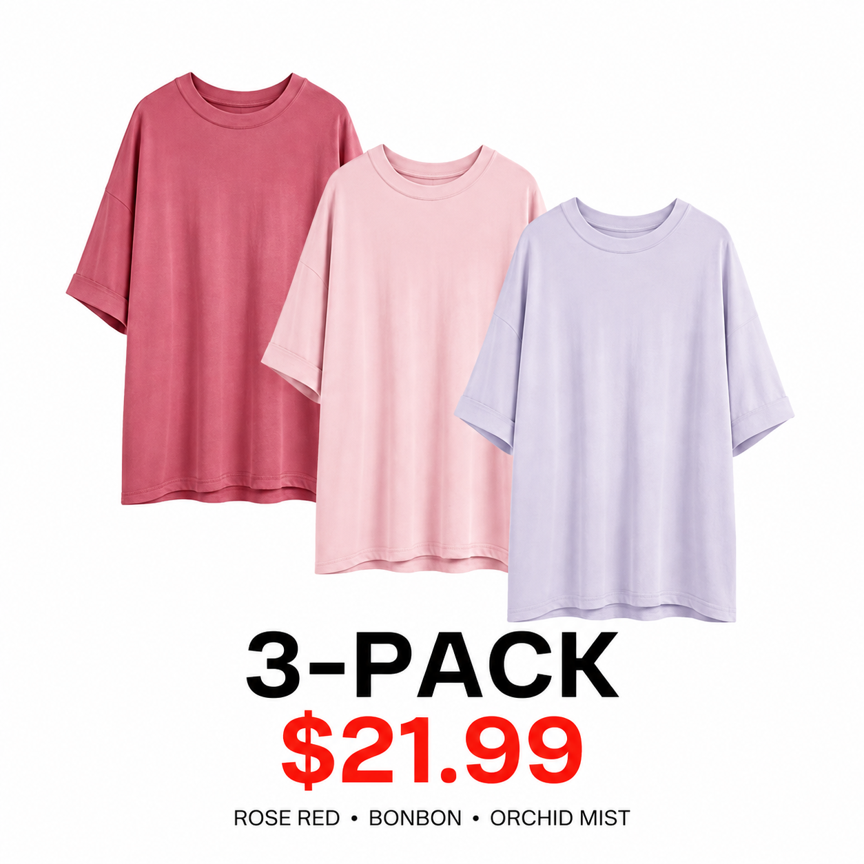 Women's Oversized Soft Stretch Crewneck T-Shirt - 5-Pack - Rose Red / Bonbon / Orchid Mist 3-Pack