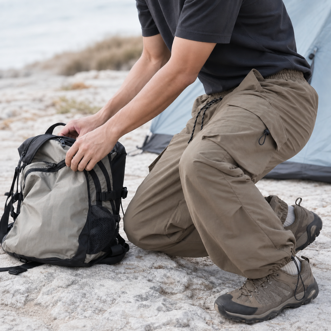 Dark khaki cargo pants for relaxed outdoor use