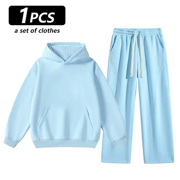 Unisex 2-Piece Pullover Hoodie & Wide-Leg Sweatpants Set - Light blue