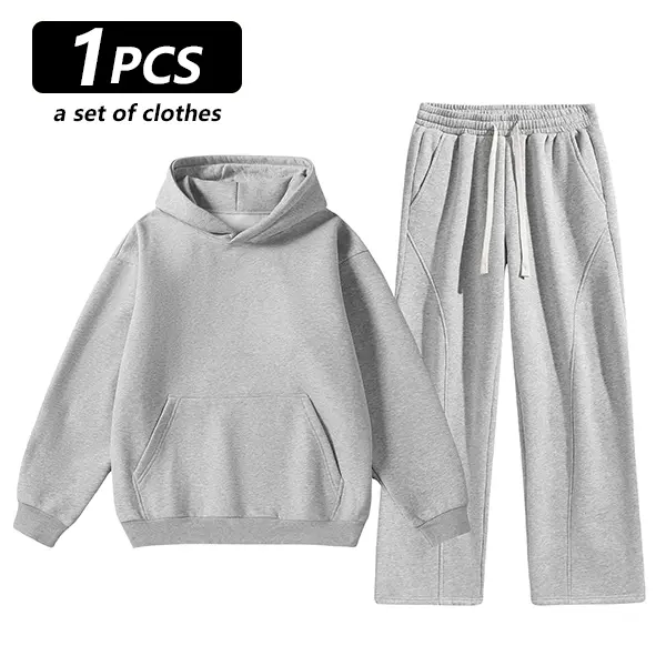 Unisex 2-Piece Pullover Hoodie & Wide-Leg Sweatpants Set - Light gray
