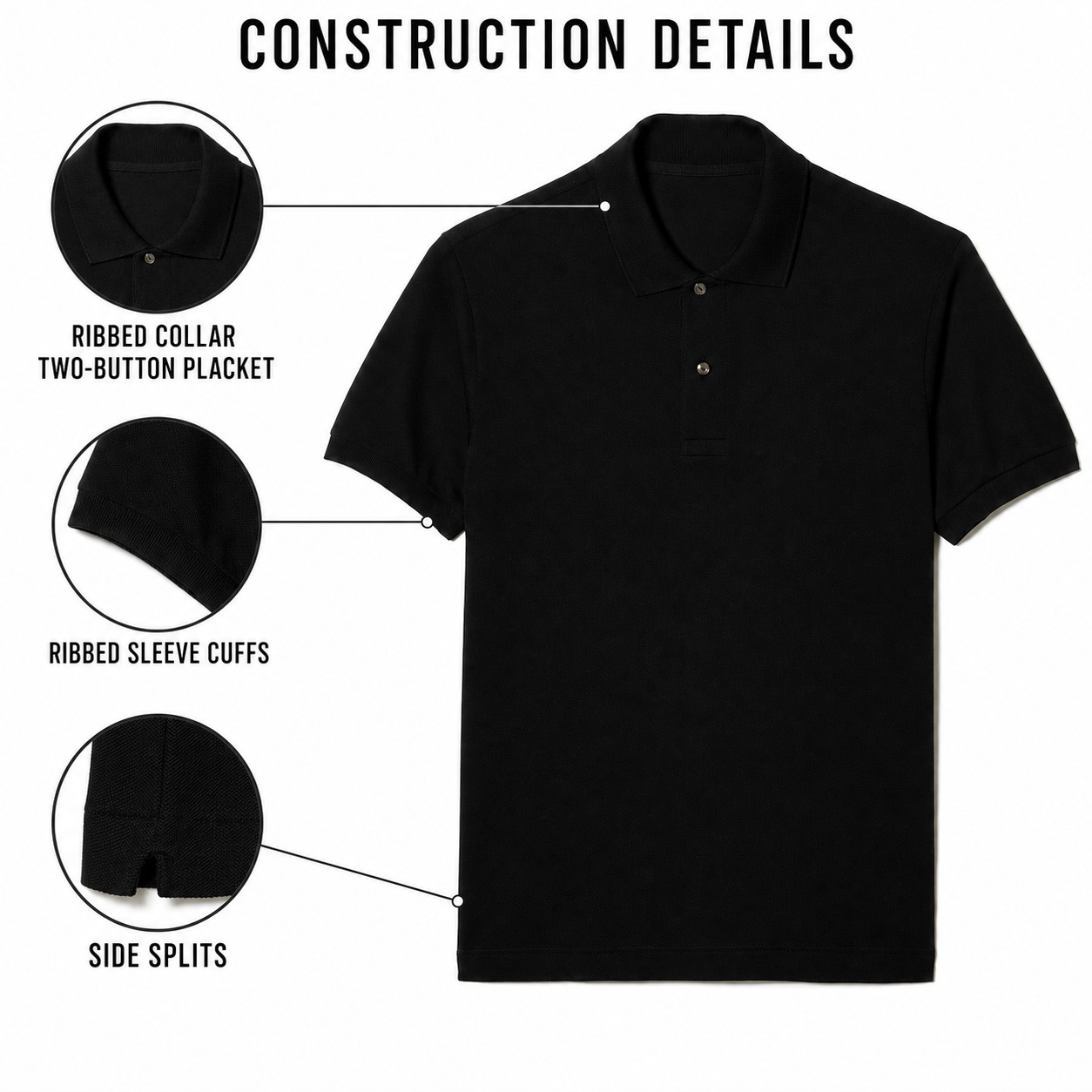 Men's cotton pique polo construction details