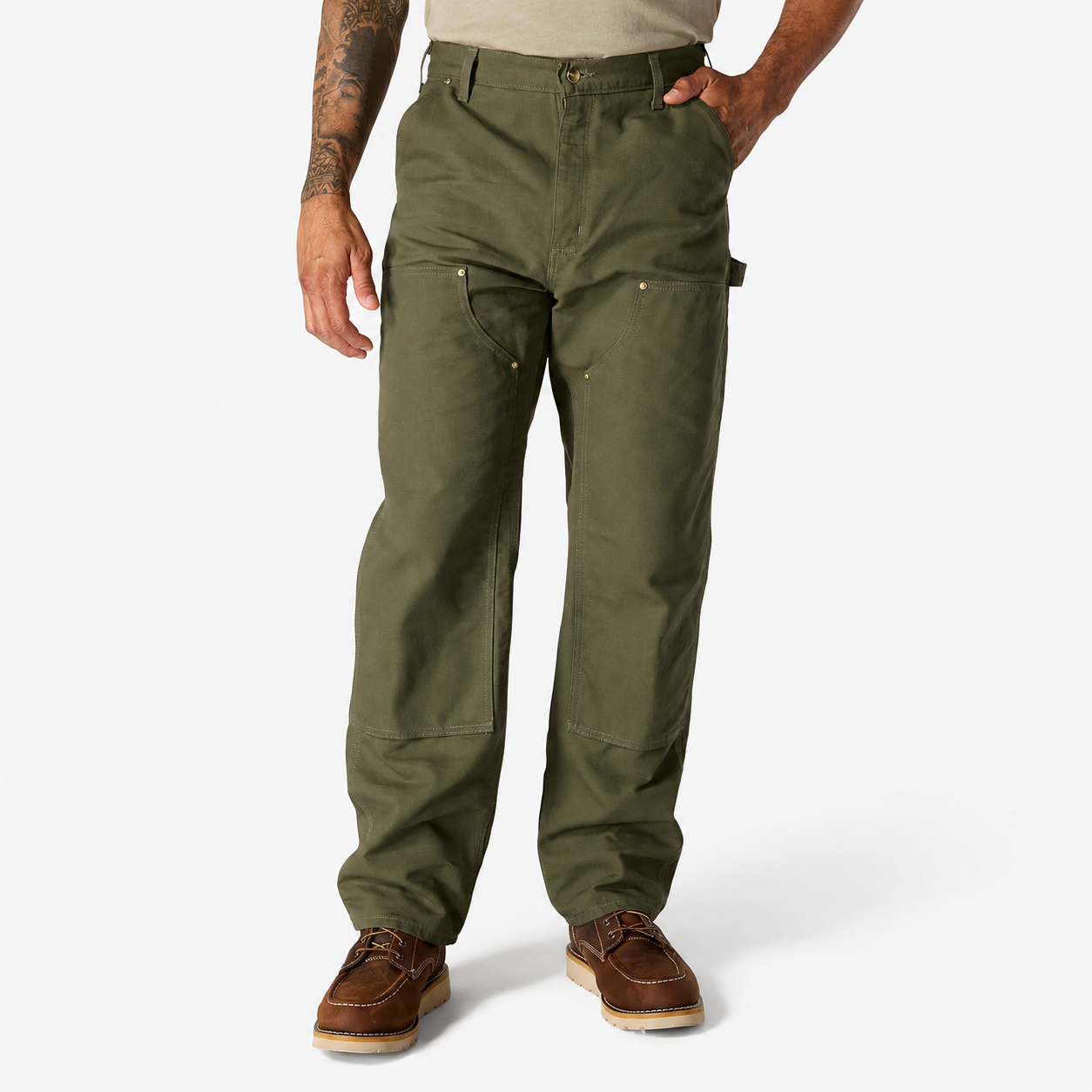 Men's Loose Fit Firm Duck Double-Front Work Pants - Olive Green