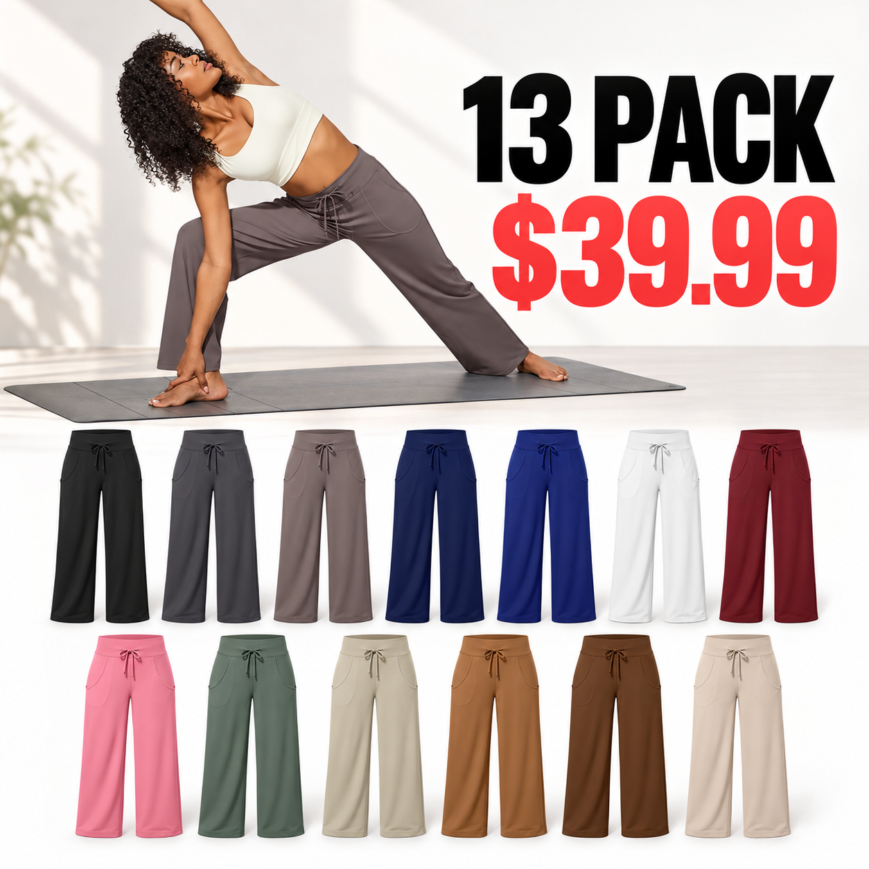 Women's Wide-Leg Yoga Pants - 13-Pack (All 13 Colors) - $39.99 Per Set