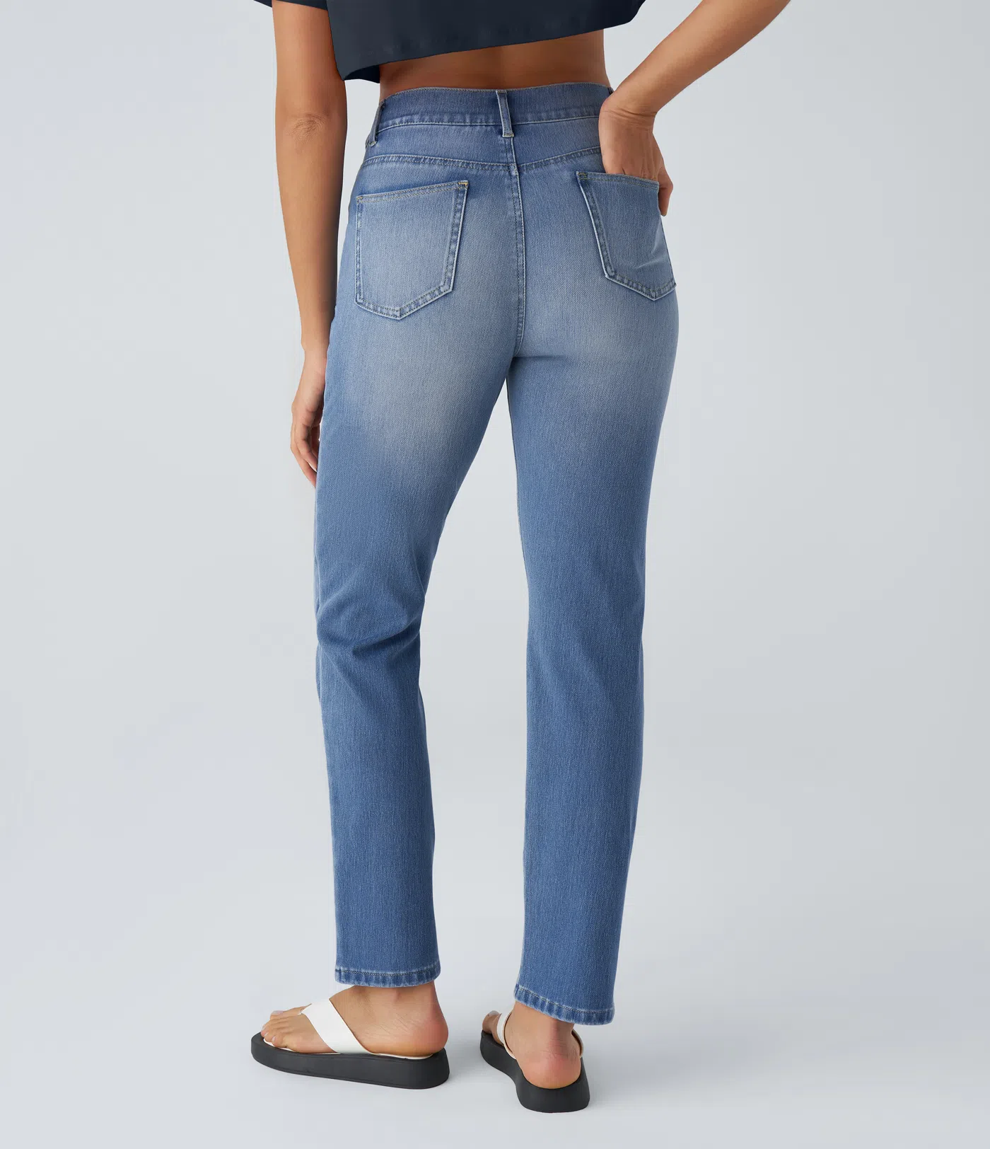 High Waisted Pockets Straight Leg Washed Casual Jeans