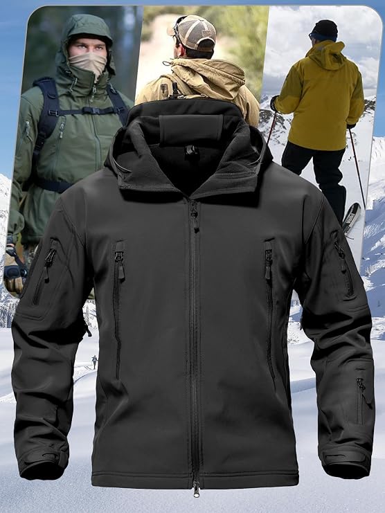 Men's Fleece Softshell Jacket Waterproof Winter Tactical Hooded