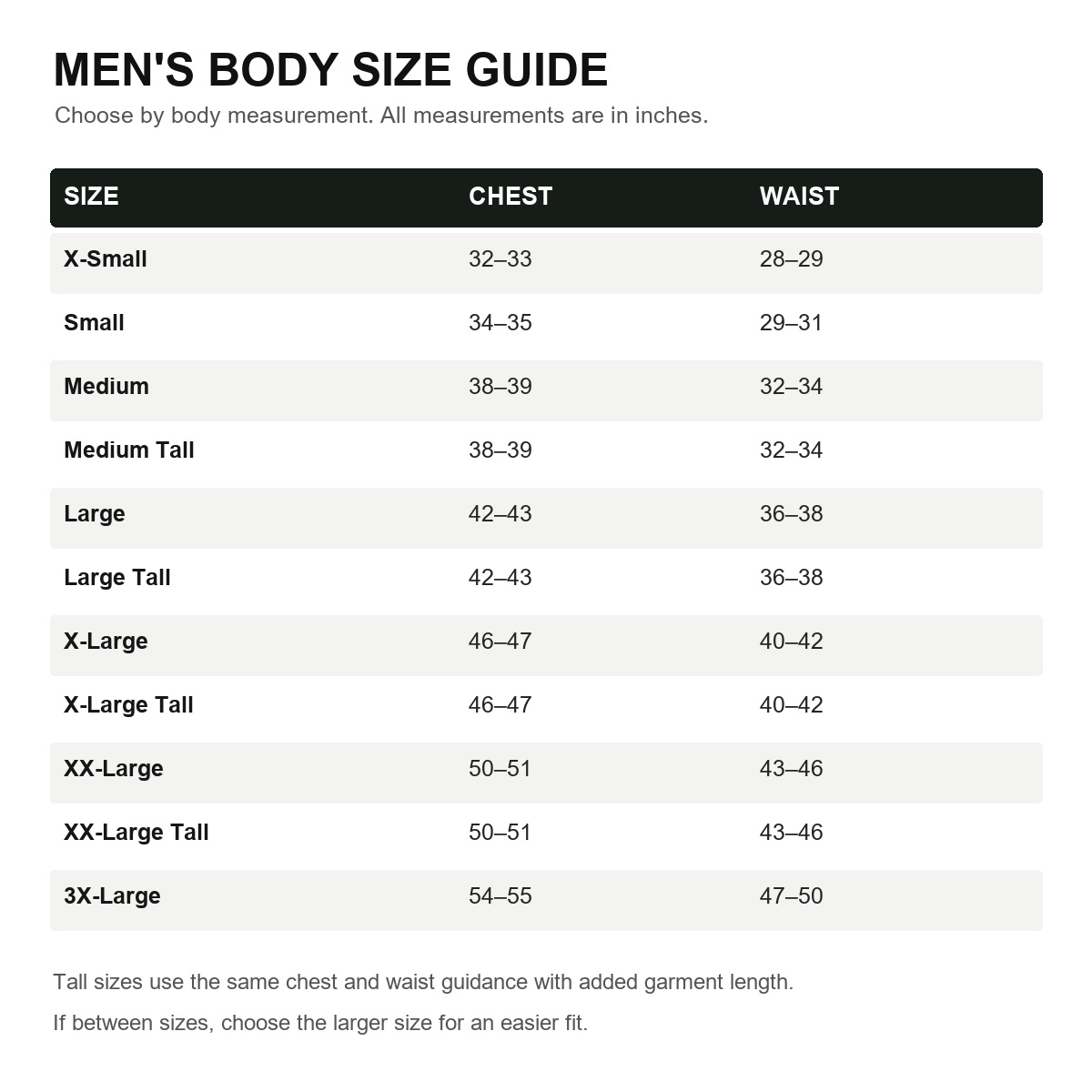 Men's Quick-Dry Stretch Performance Polo Shirt - Body Size Guide