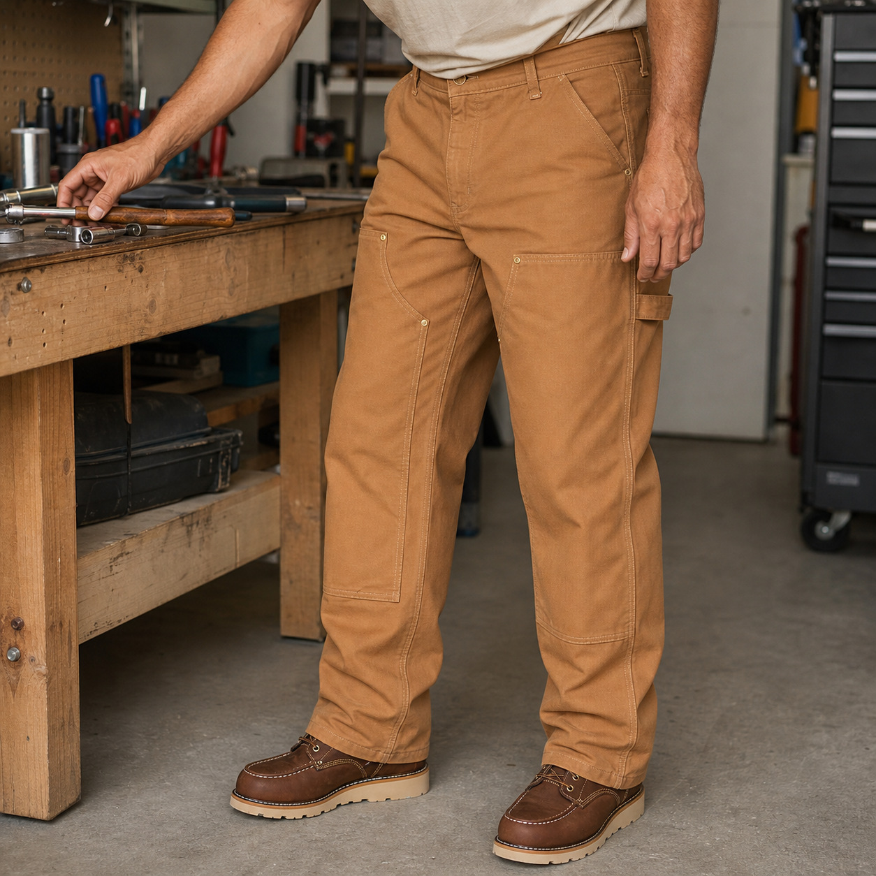 Men's brown double-front work pants in a workshop