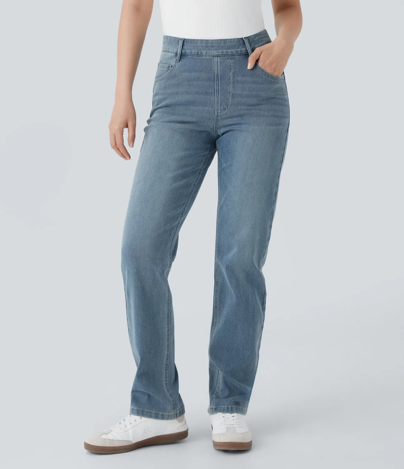 High Waisted Pockets Straight Leg Washed Casual Jeans