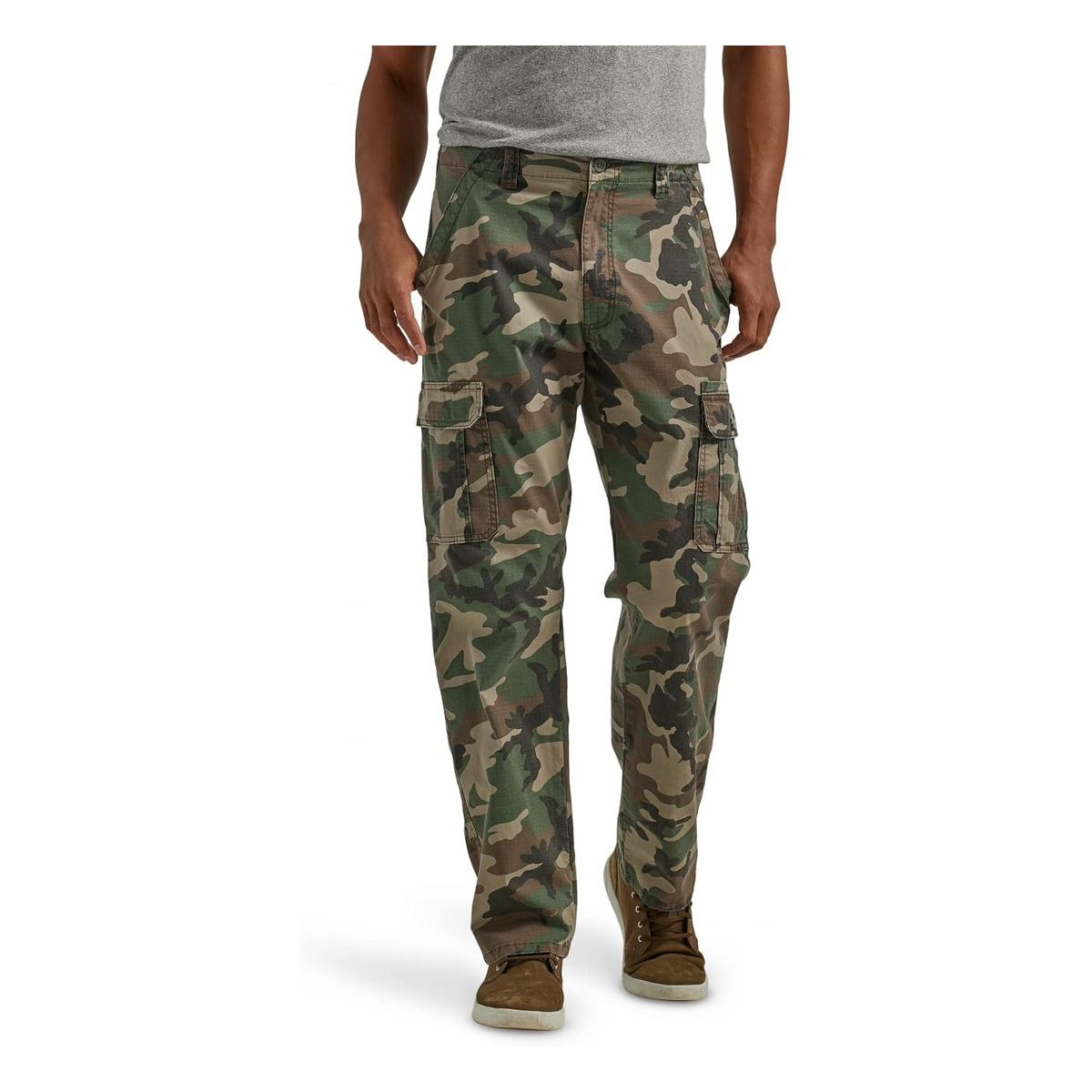Men's Relaxed Fit Stretch Cargo Pants with 6 Pockets - Green Brown Camo