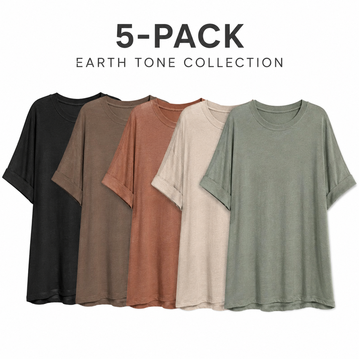 Women's Oversized Soft Stretch Crewneck T-Shirt - 5-Pack - Earth Tone Collection
