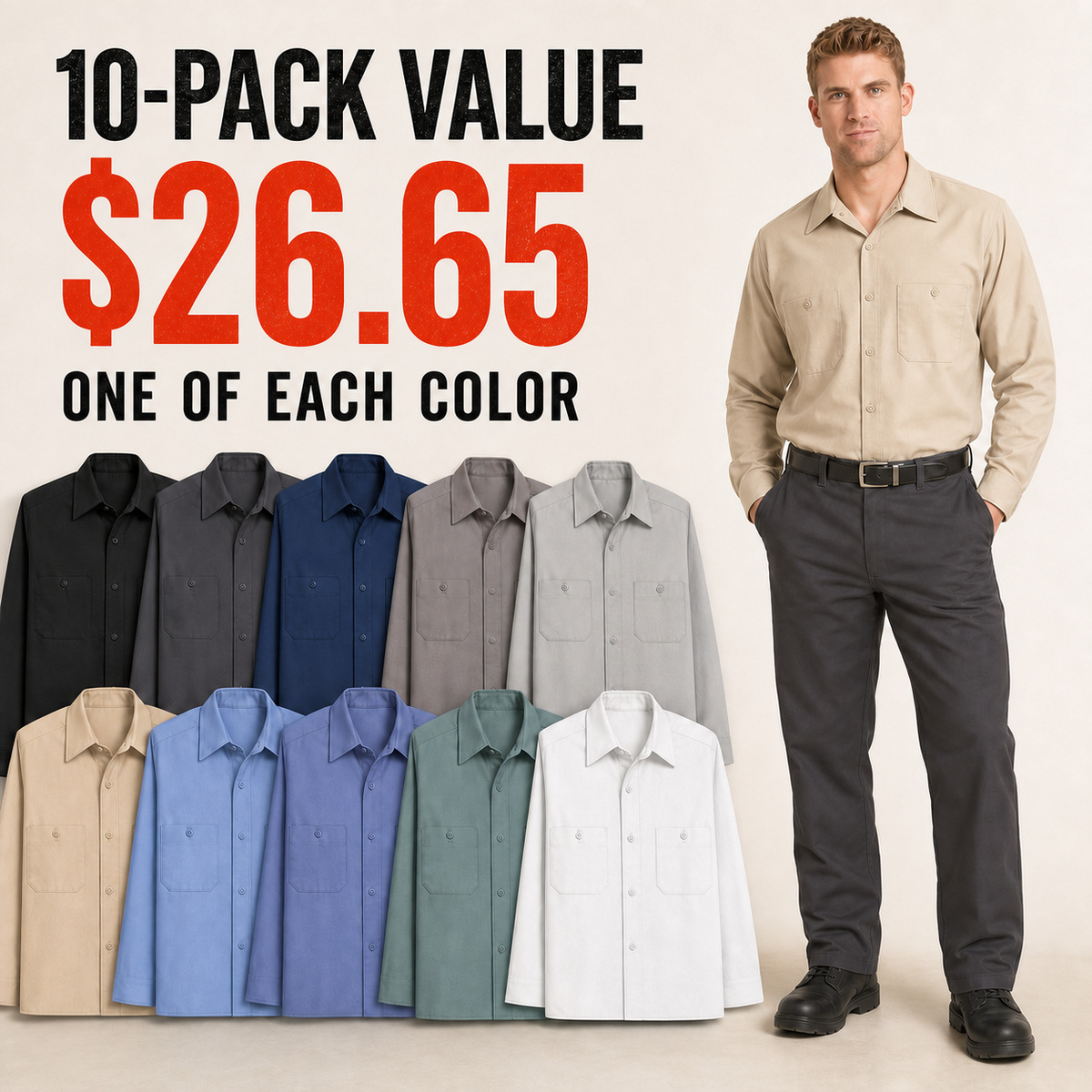 Men's Long-Sleeve Industrial Work Shirt - 10-Pack (One of Each Color)