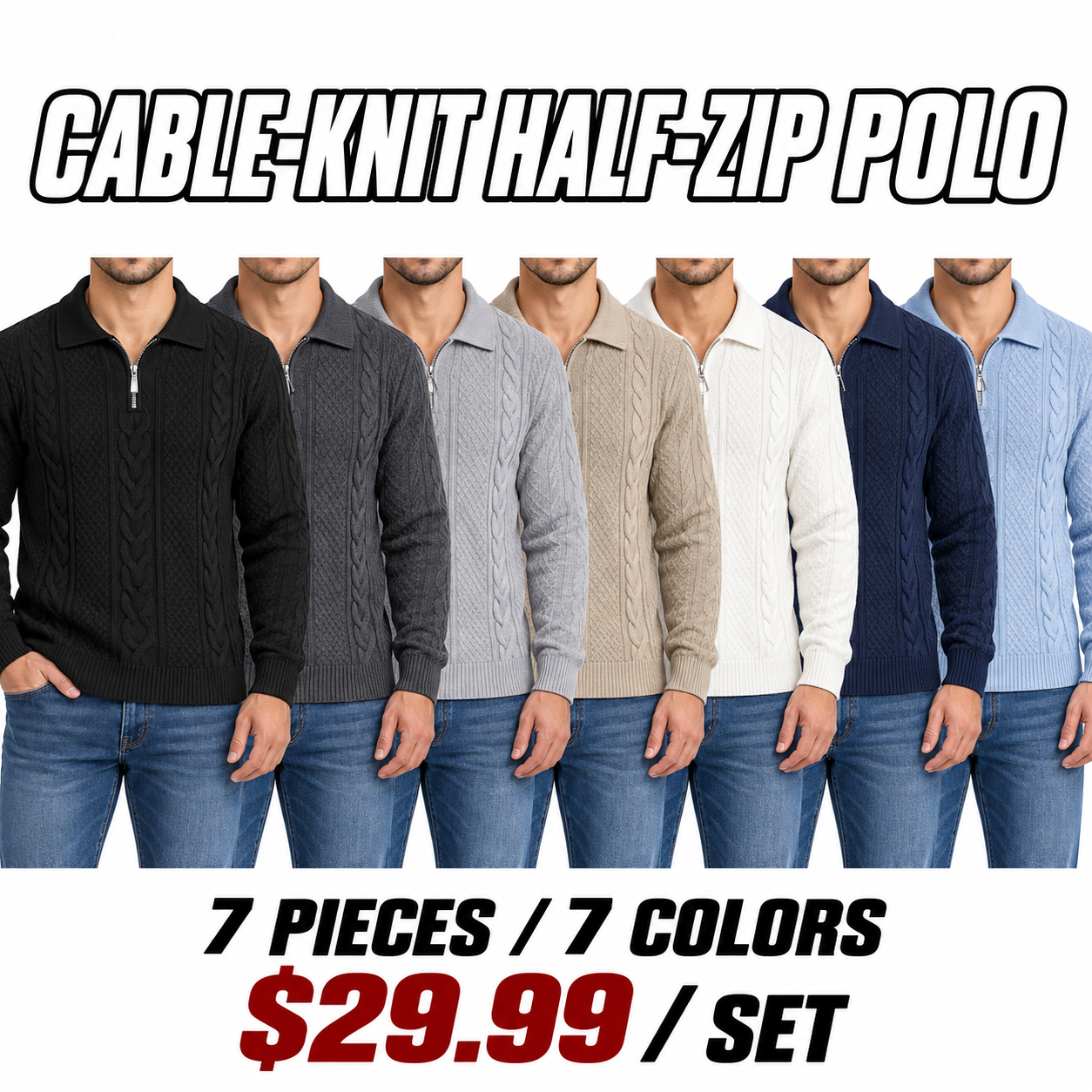 Men's Cable-Knit Half-Zip Polo Sweater - 7-Pack All 7 Colors - $29.99 Per Set