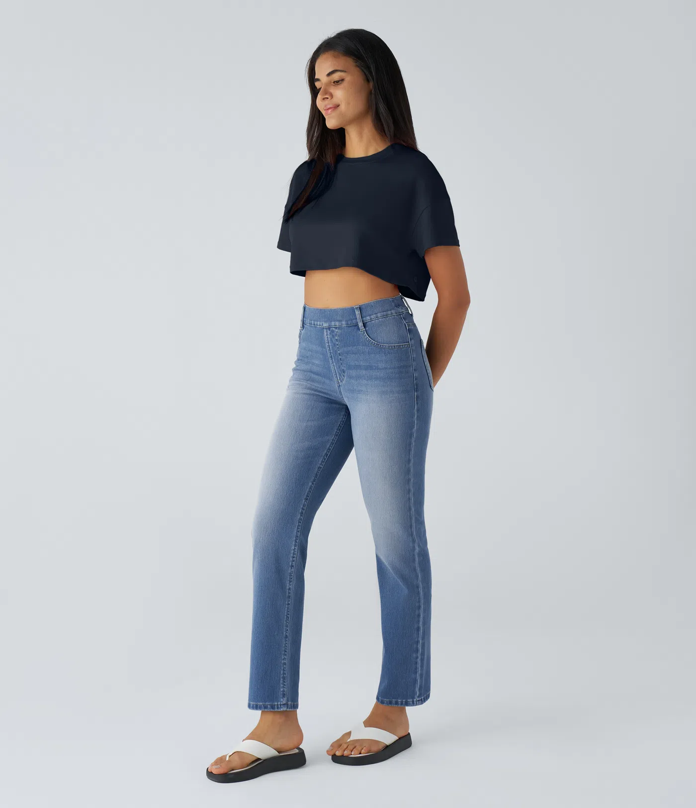 High Waisted Pockets Straight Leg Washed Casual Jeans
