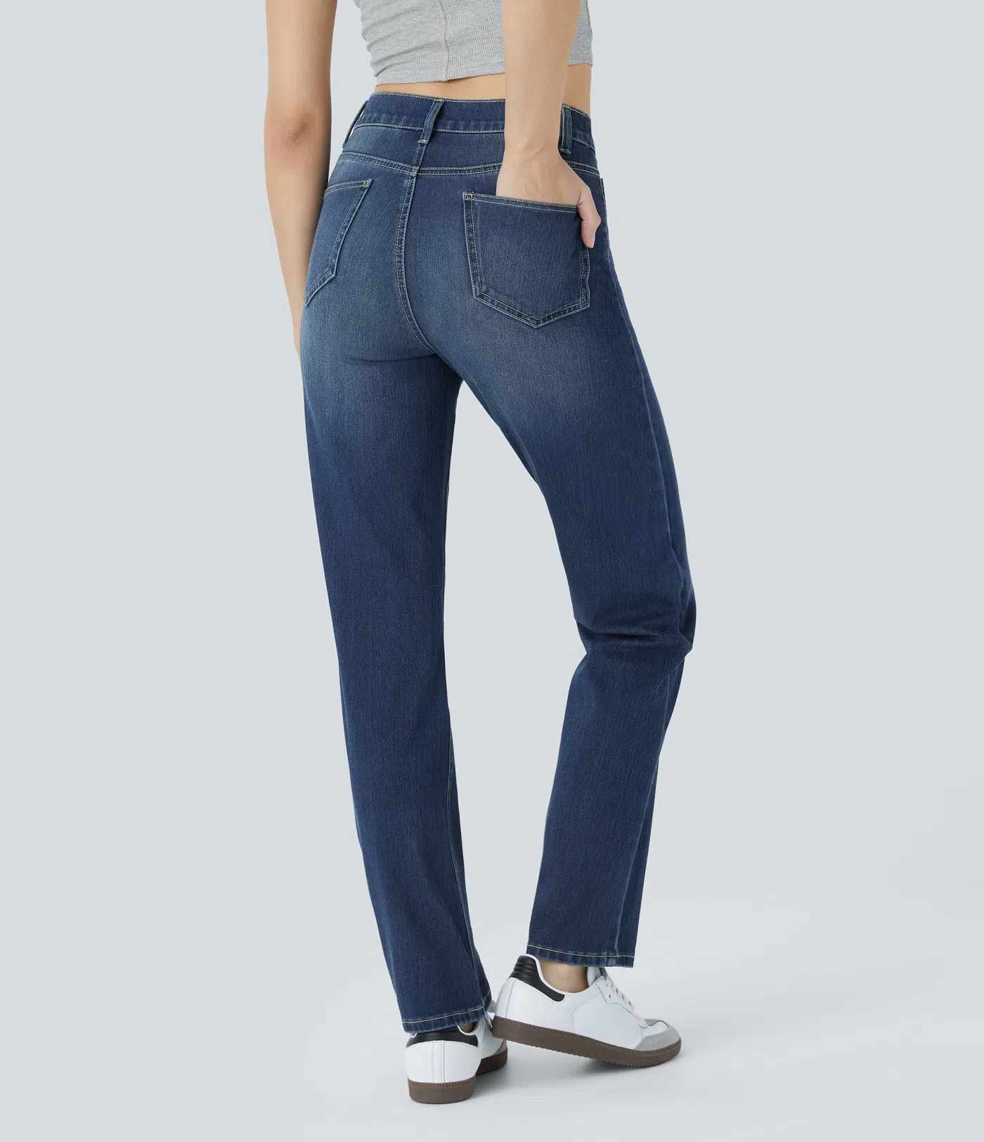 High Waisted Pockets Straight Leg Washed Casual Jeans