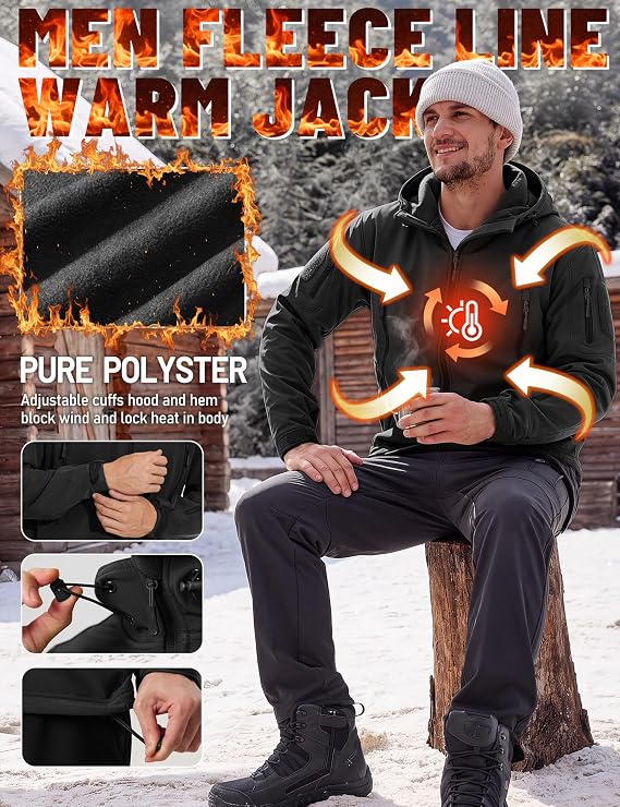 Men's Fleece Softshell Jacket Waterproof Winter Tactical Hooded