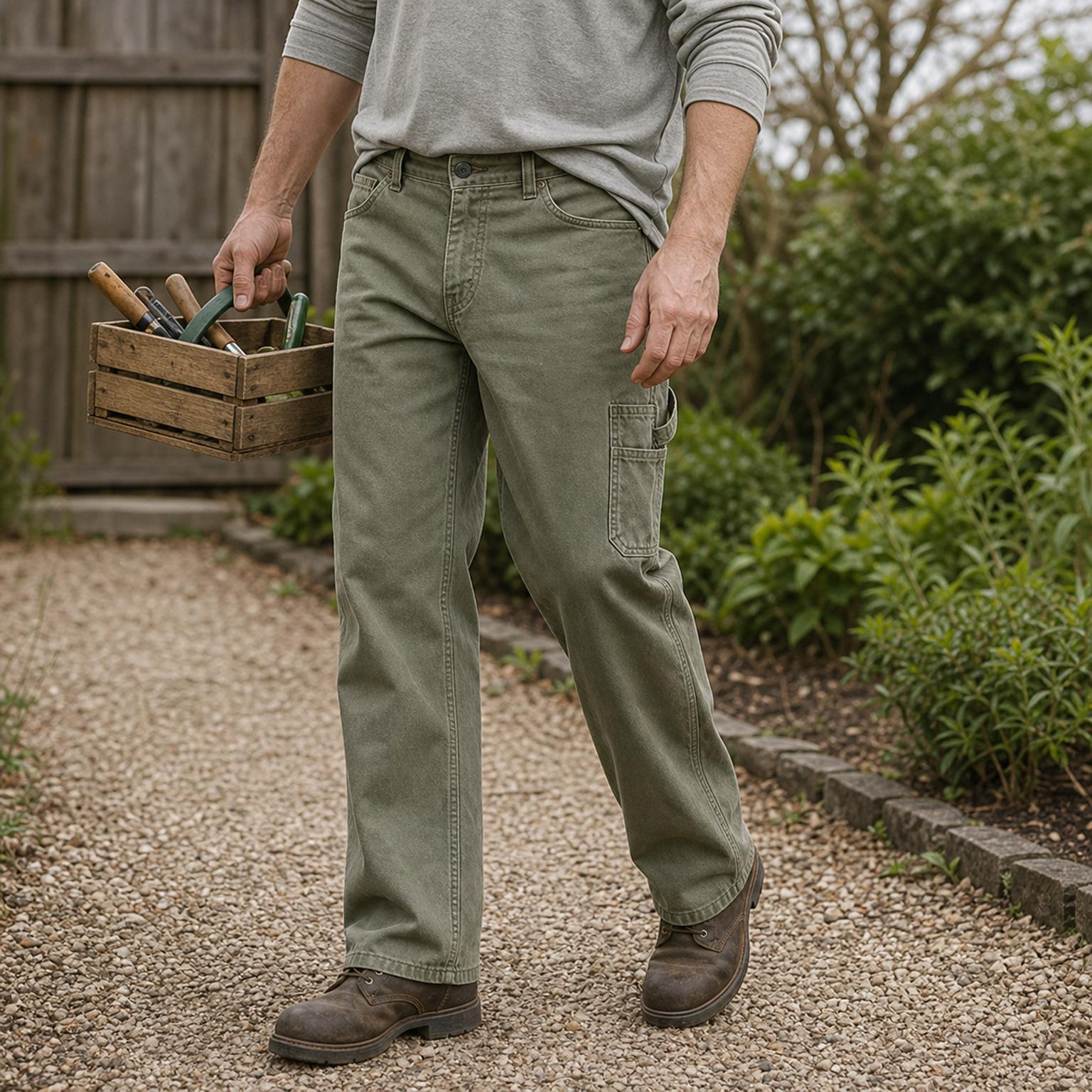 Olive washed utility work pants for weekend projects