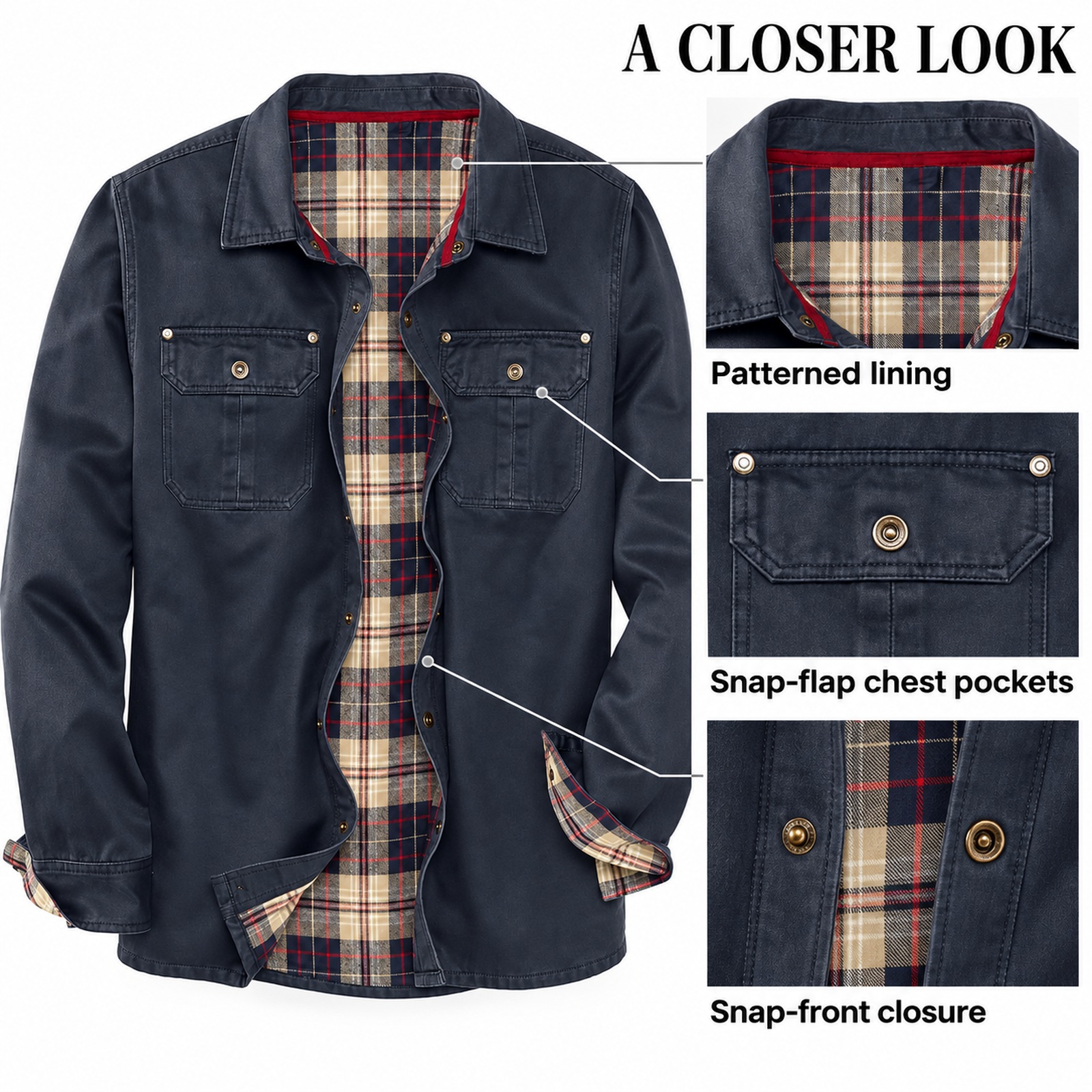 Shirt jacket lining, chest pockets and snap-front details