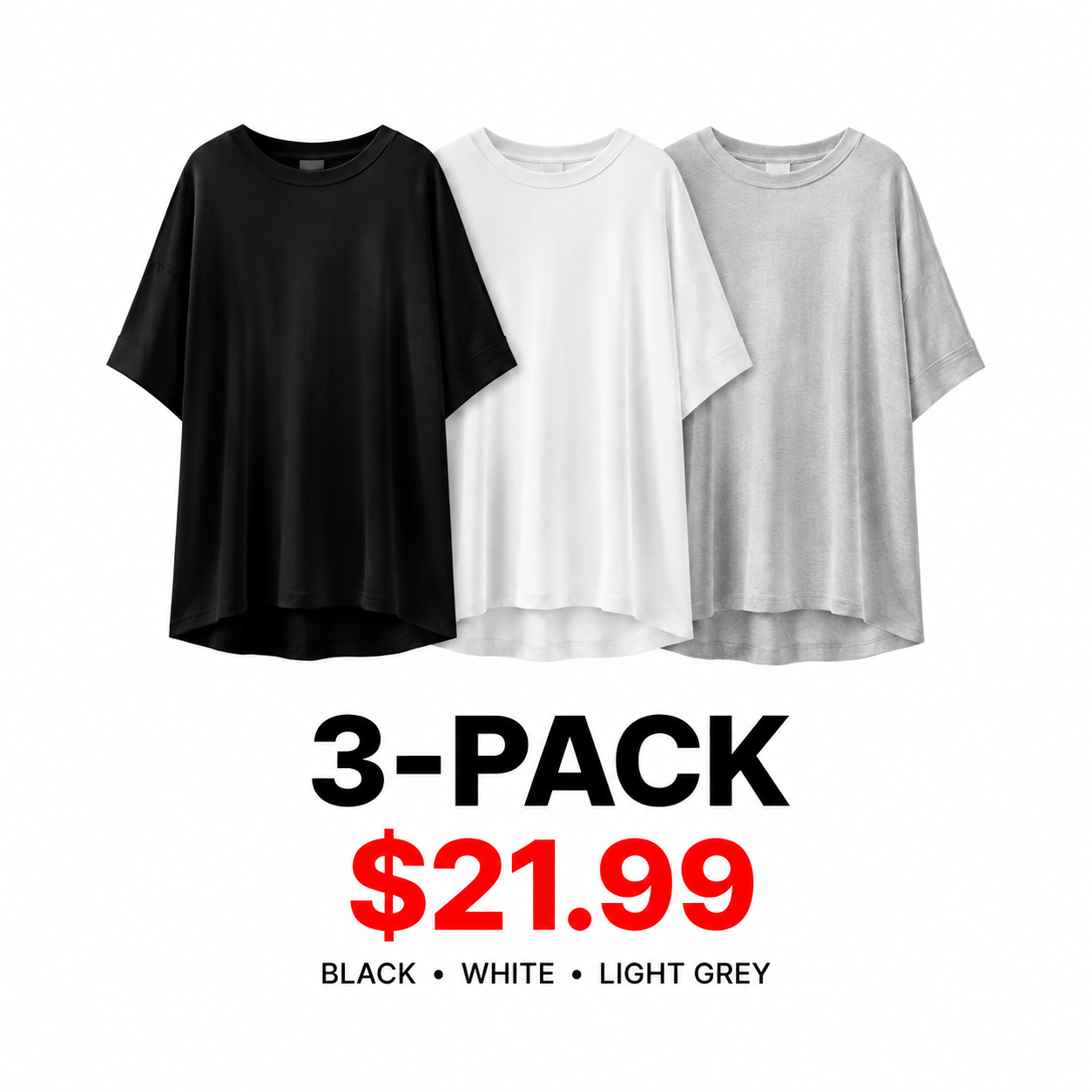 Women's Oversized Soft Stretch Crewneck T-Shirt - 5-Pack - Black / White / Light Grey 3-Pack