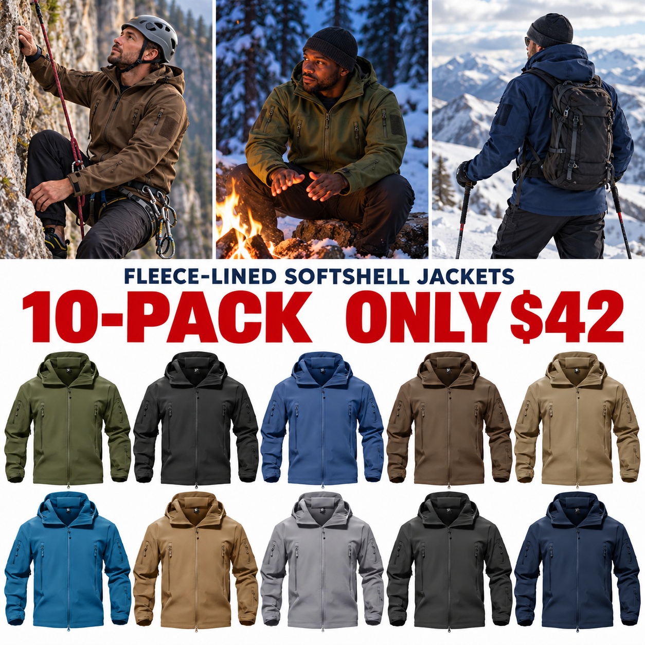 10-pack fleece-lined softshell jackets - climbing, winter camp and mountain scenes - $42