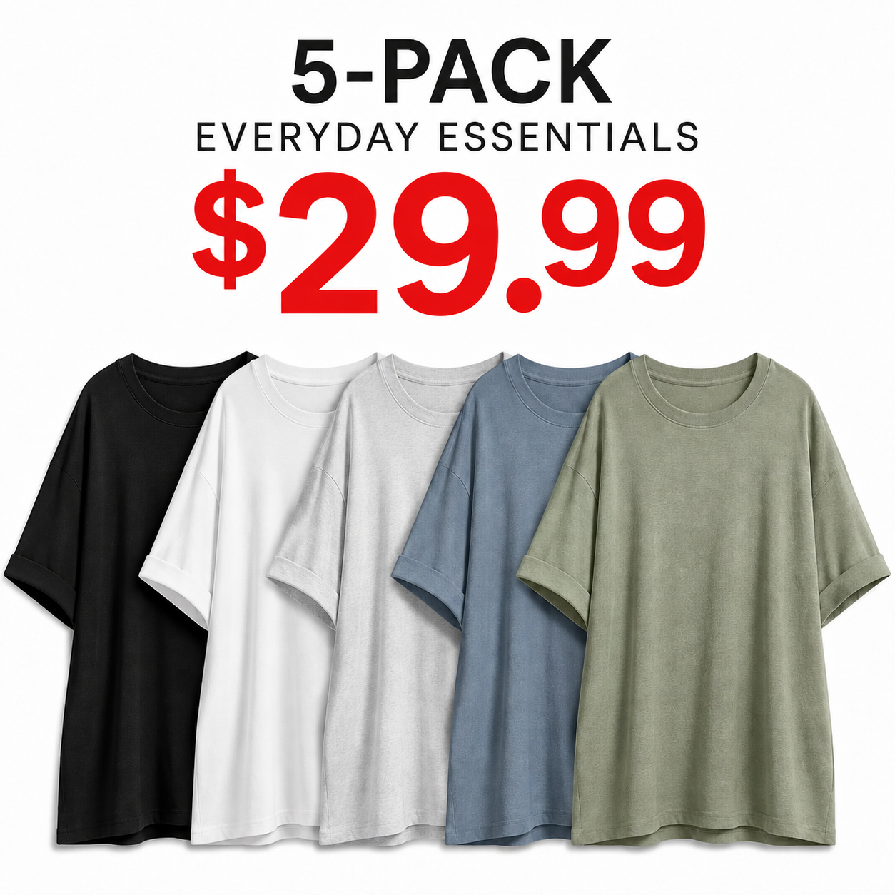 Everyday Essentials 5-Pack - Black, White, Light Grey, Dusk Blue, Moss Green