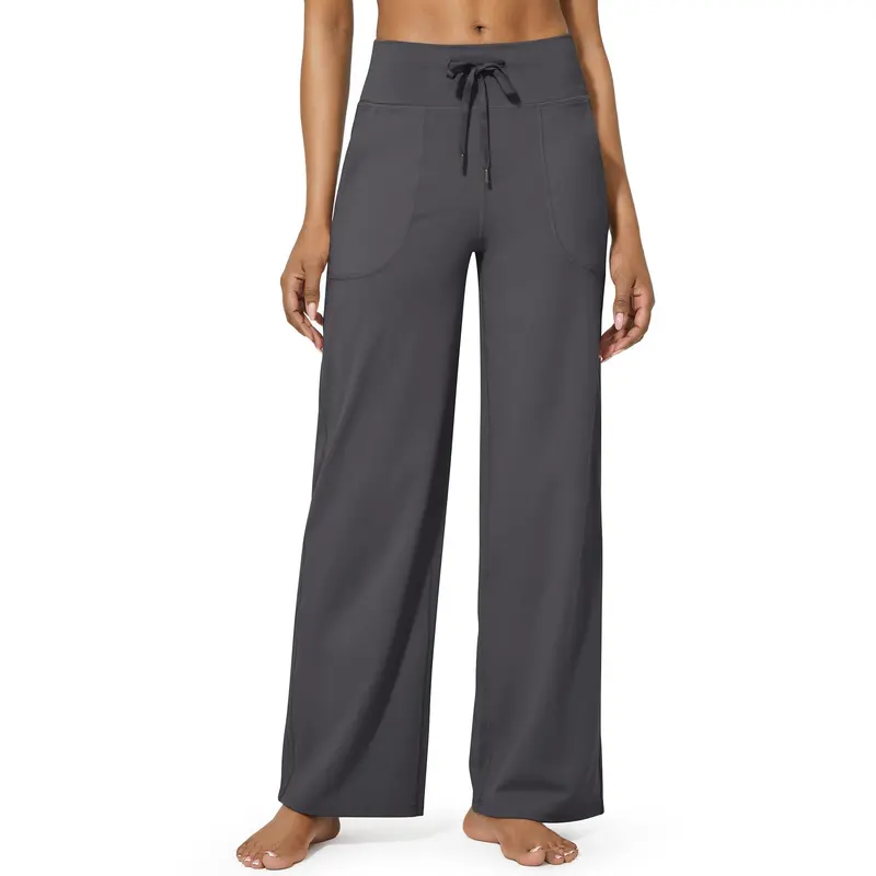 Women's High-Waist Wide-Leg Yoga Pants with Pockets - Dark Grey