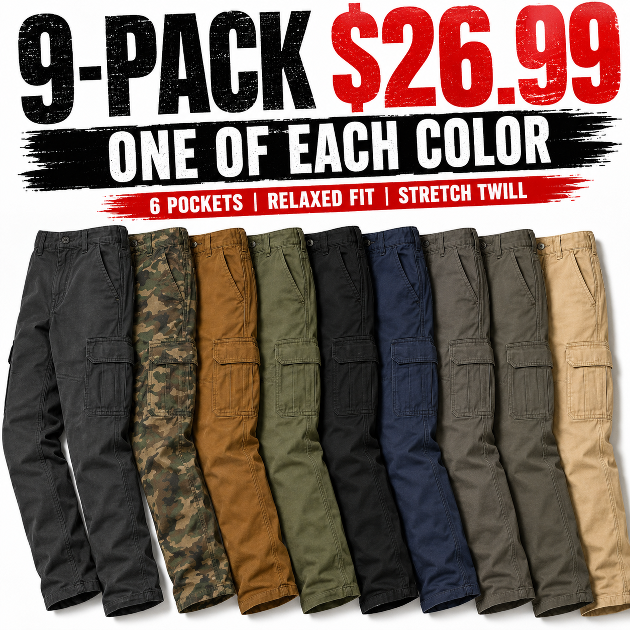 Men's Relaxed Fit Stretch Cargo Pants with 6 Pockets