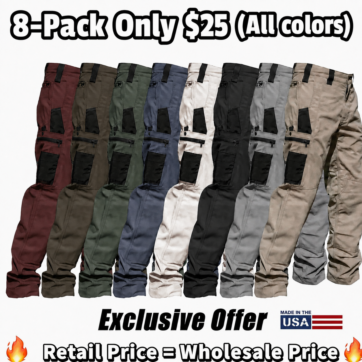 8-Pack(All colors) Men's 8-Pack Unisex 10-Pocket Heavy Duty zipper waterproof tactical Work Pants