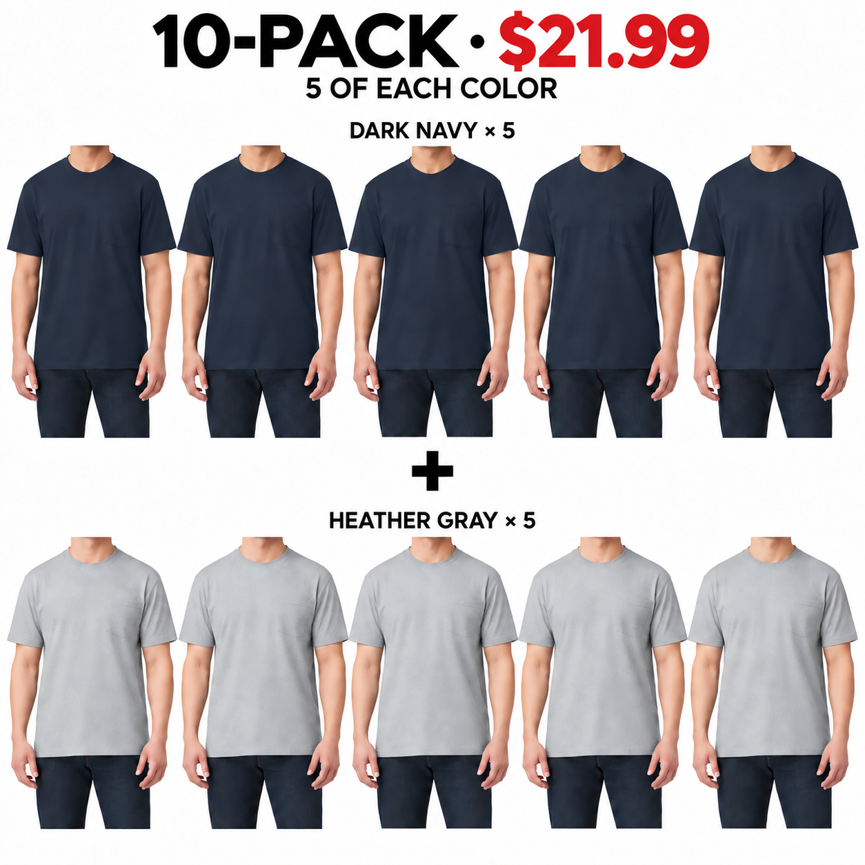 20-PACK Men's Heavyweight Relaxed-Fit Short-Sleeve Pocket Work T-Shirt