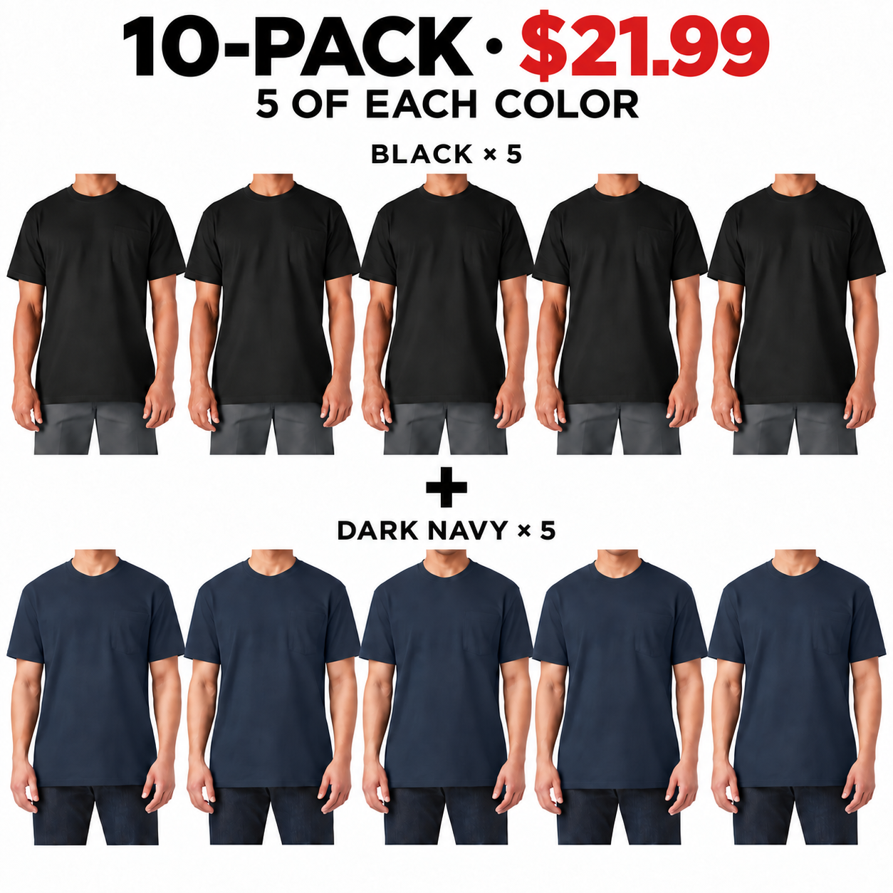 20-PACK Men's Heavyweight Relaxed-Fit Short-Sleeve Pocket Work T-Shirt