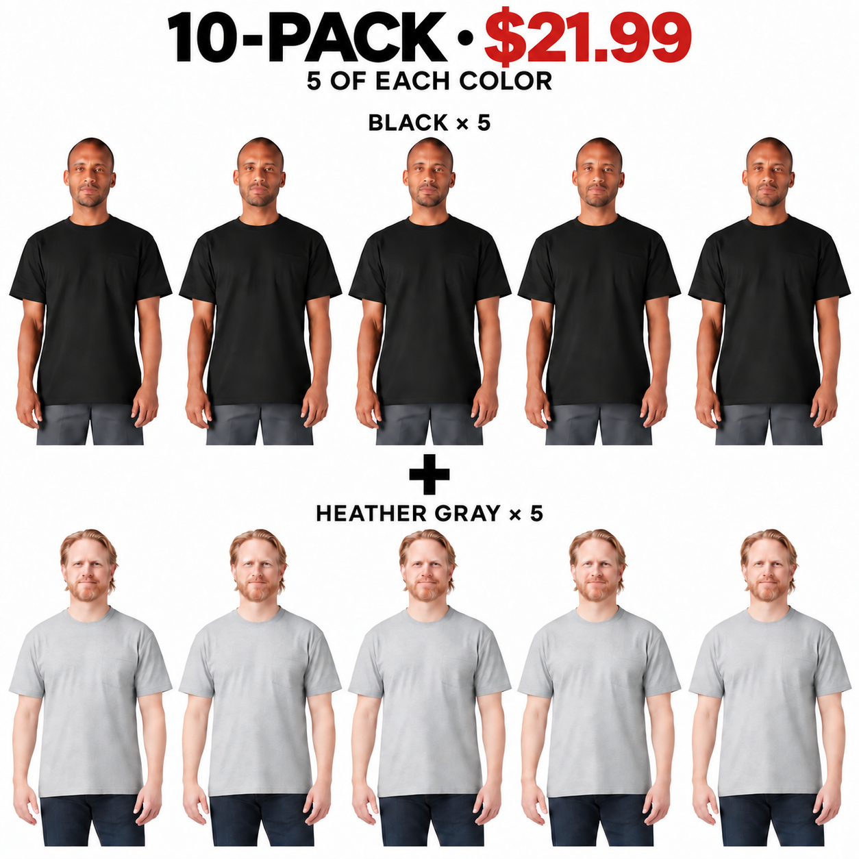 20-PACK Men's Heavyweight Relaxed-Fit Short-Sleeve Pocket Work T-Shirt