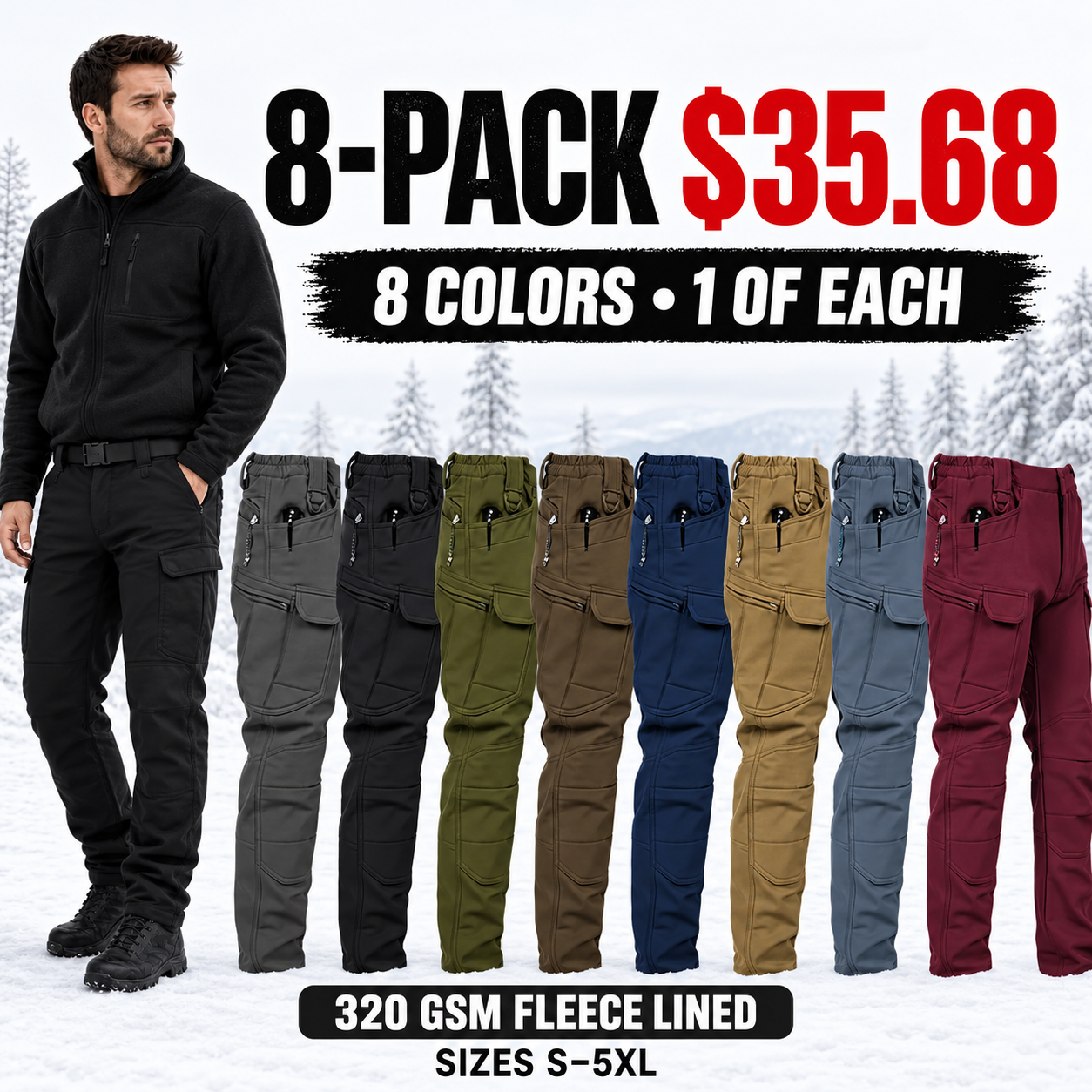 8-Pack (All 8 Colors) Men's 6-Pocket Windproof Fleece-Lined Tactical Work Pants