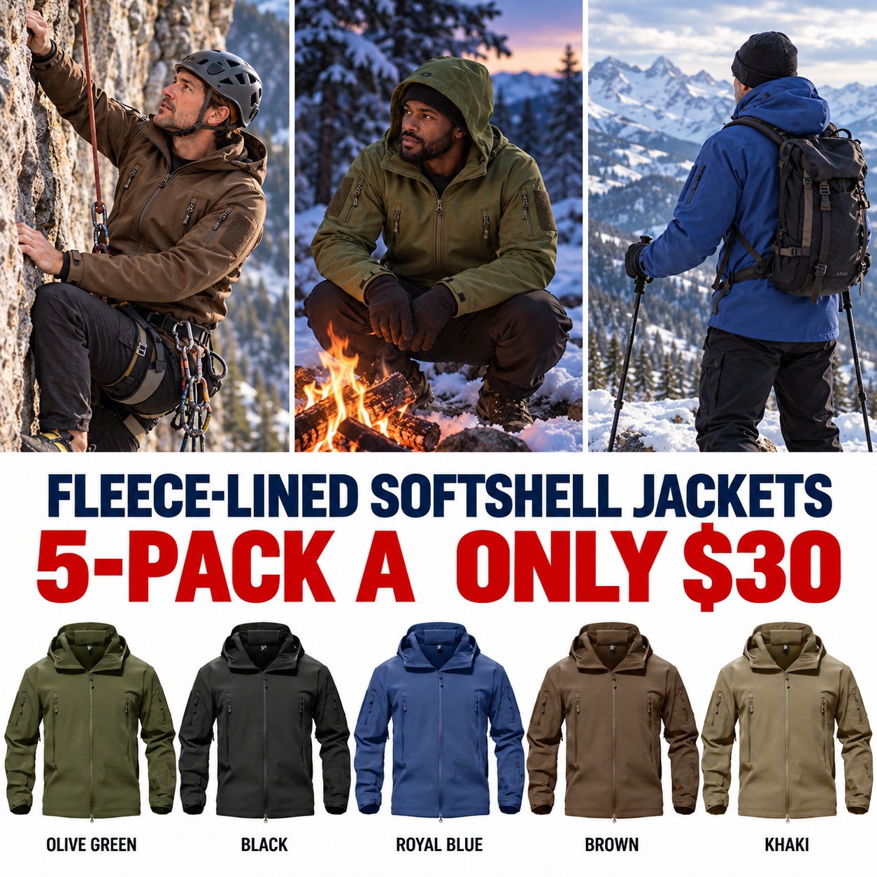 Fleece-lined 5-Pack A (5 Colors) - Olive Green, Black, Royal Blue, Brown, Khaki - $30