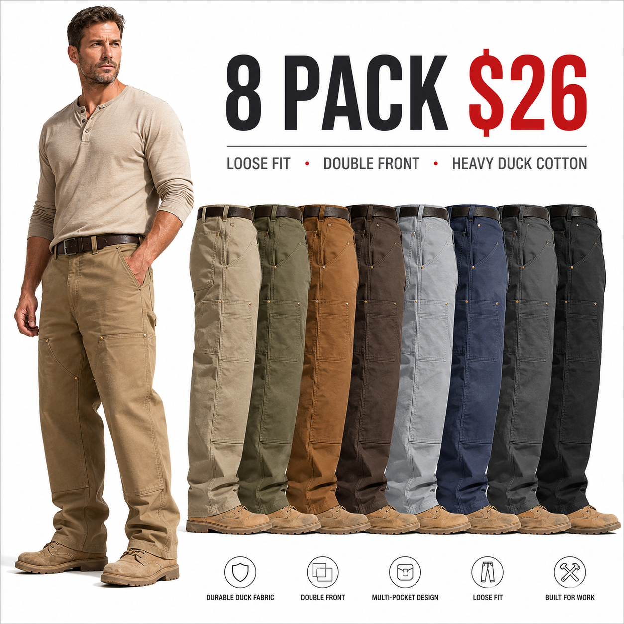 Men's Loose Fit Firm Duck Double-Front Work Pants