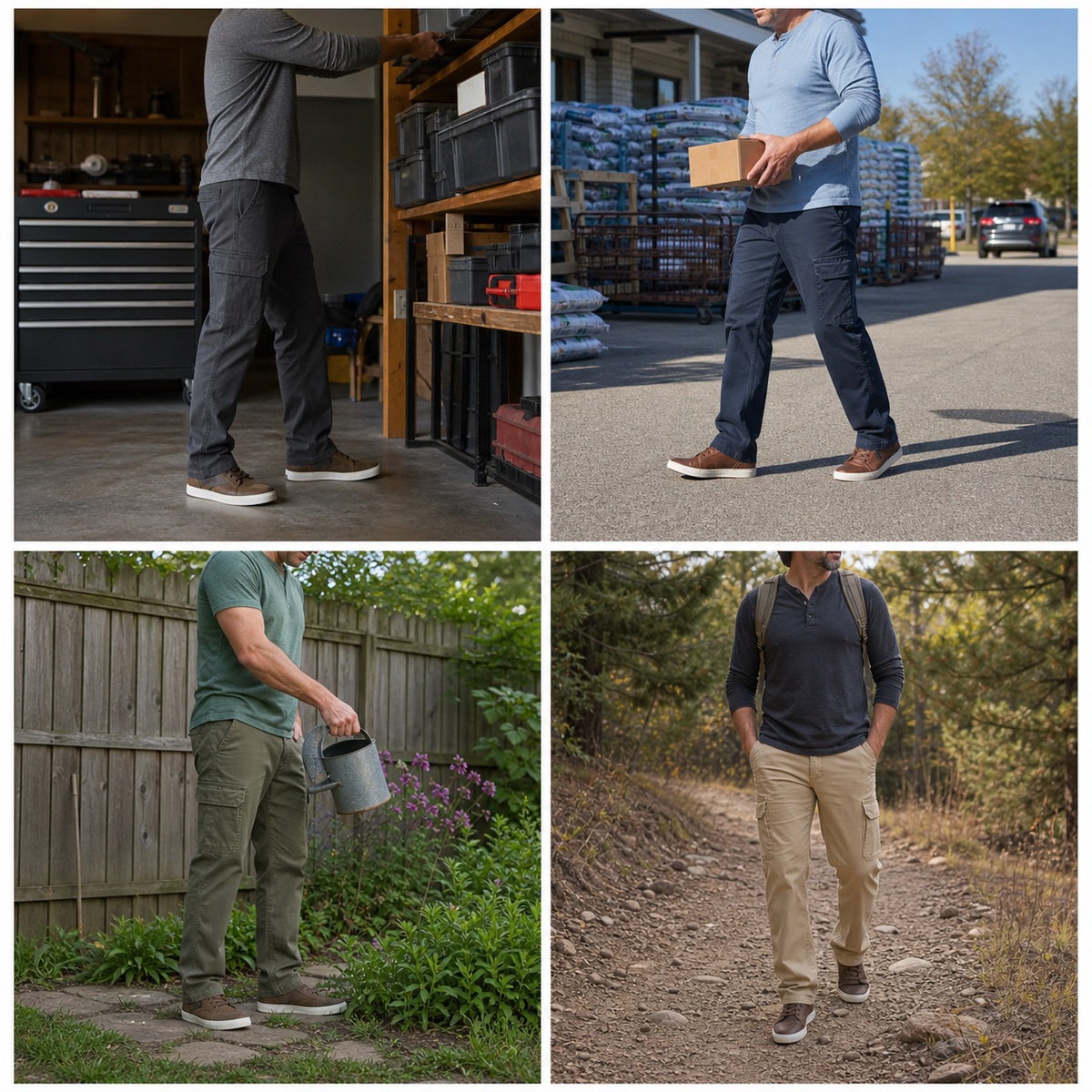 Men's Relaxed Fit Stretch Cargo Pants with 6 Pockets - Real-Life Four-Panel Collage