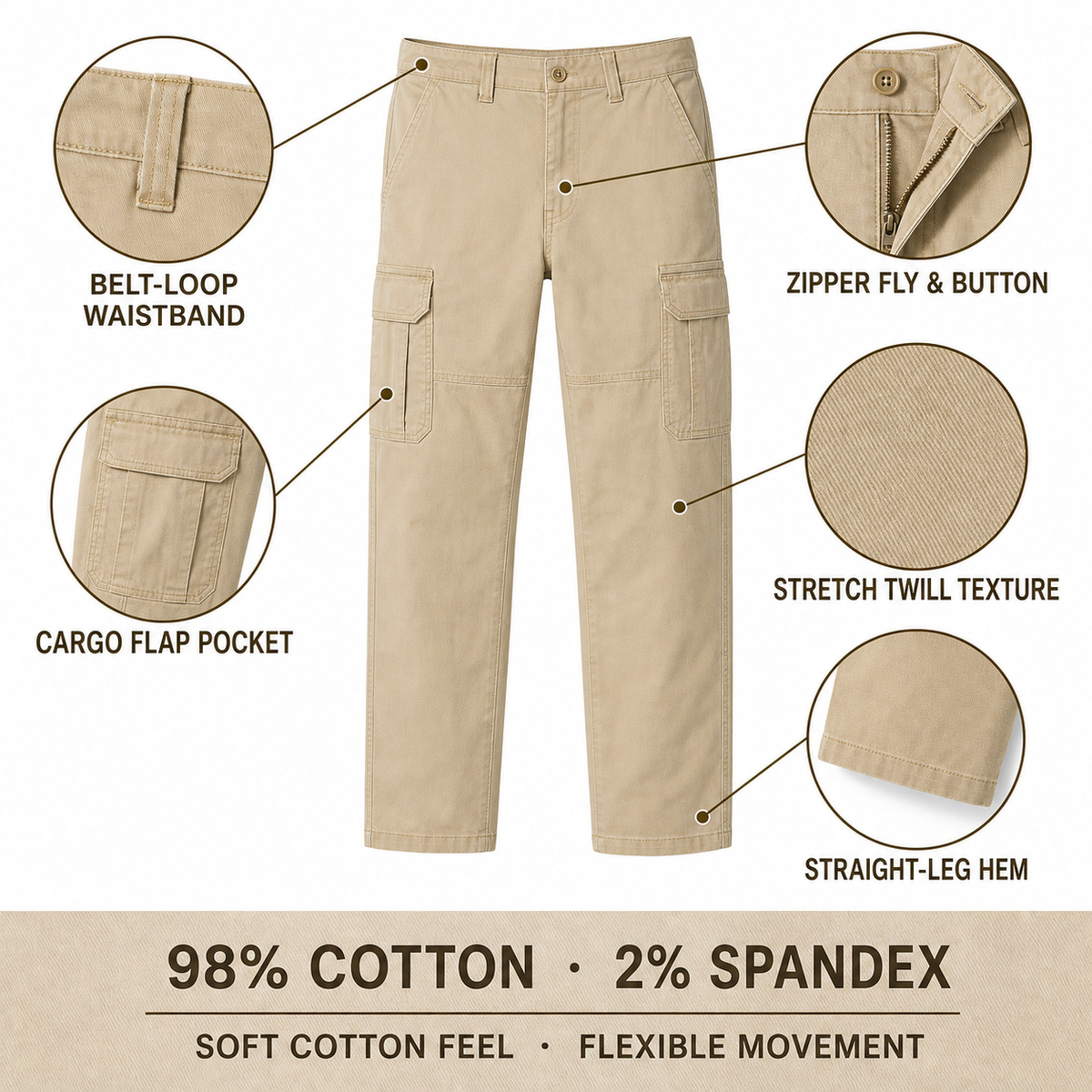Men's Relaxed Fit Stretch Cargo Pants with 6 Pockets - Magnified Details and Material