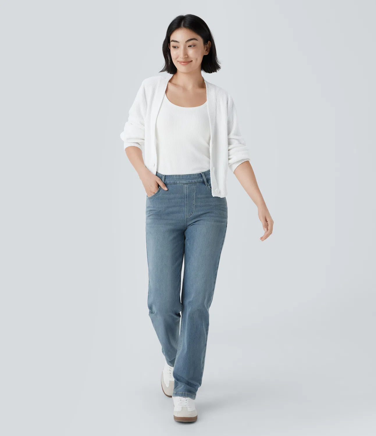 High Waisted Pockets Straight Leg Washed Casual Jeans